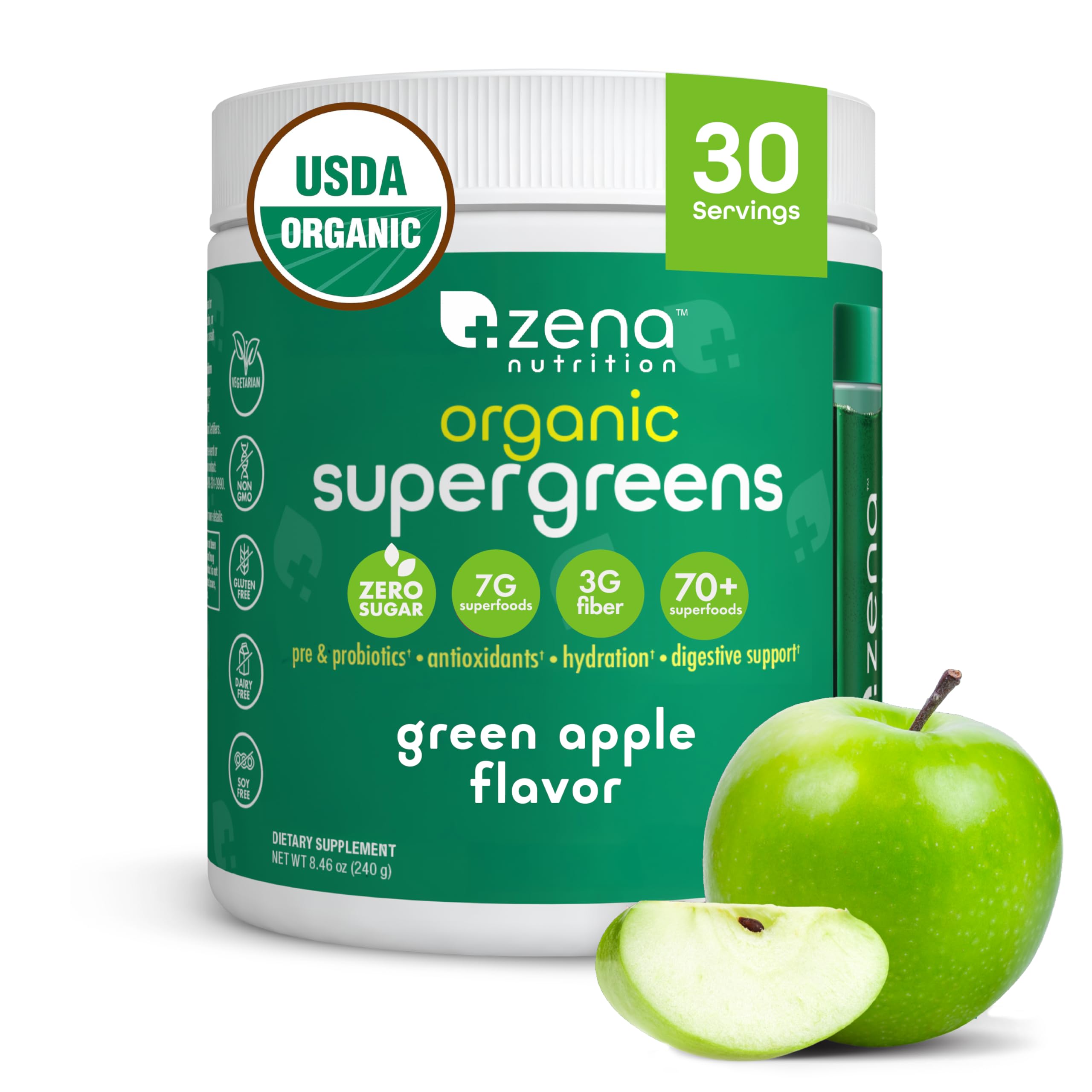 Zena Nutrition Super Greens polvo orgánico en taza para reforzar la nutrición diaria.