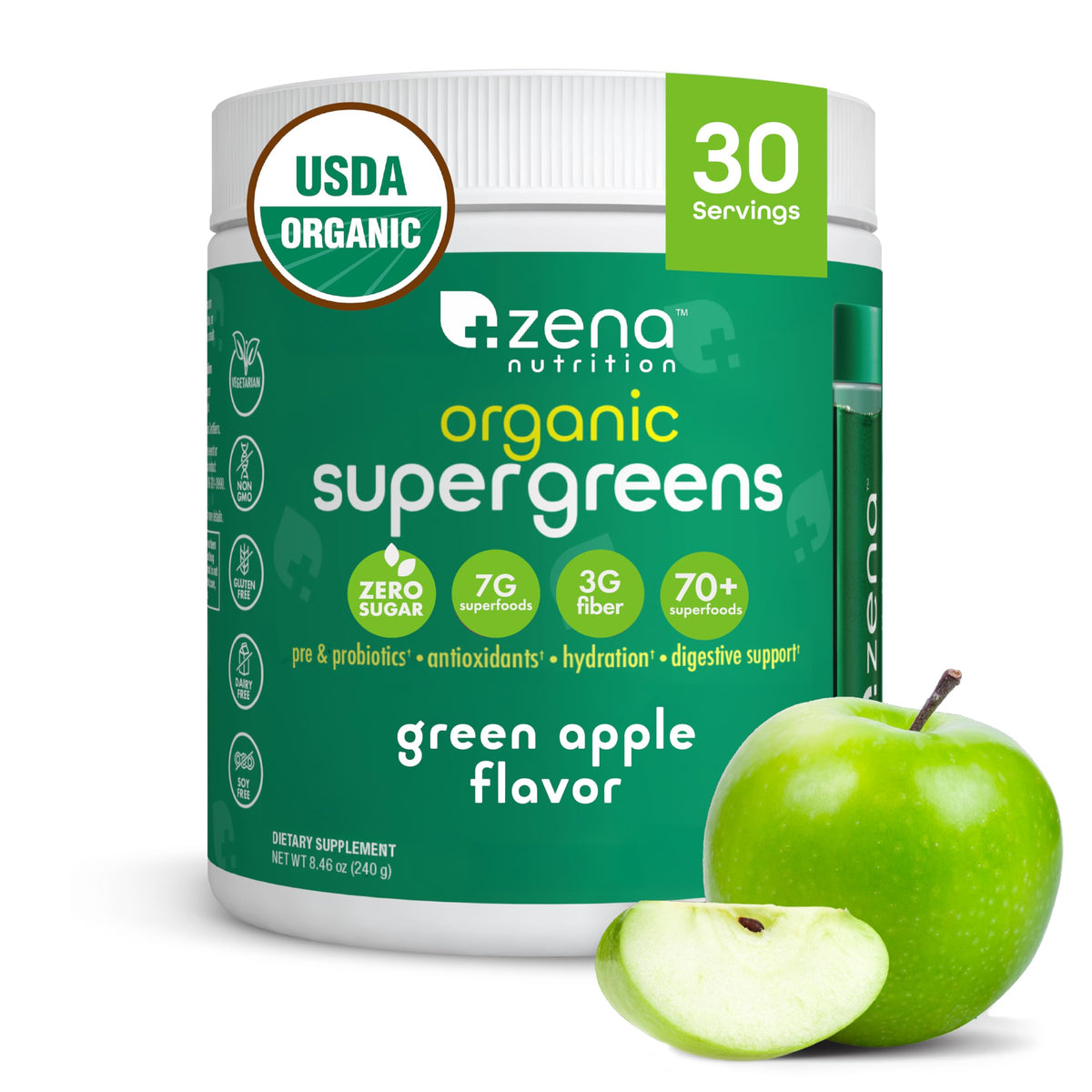 Zena Nutrition Super Greens polvo orgánico en taza para reforzar la nutrición diaria.