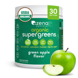 Zena Nutrition Super Greens polvo orgánico en taza para reforzar la nutrición diaria.