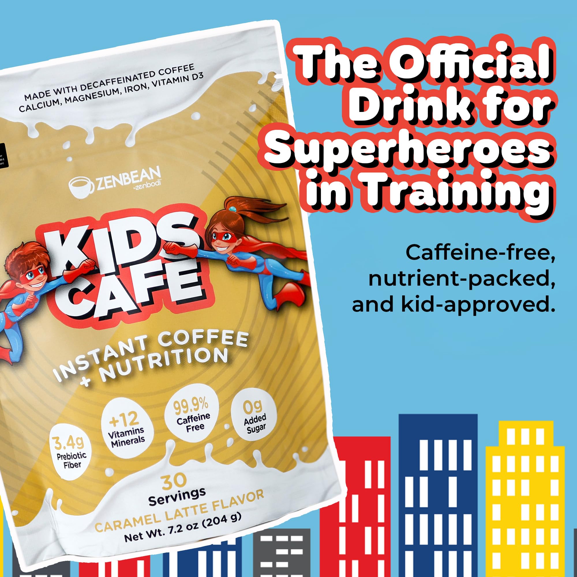 Zenbean Kids Cafe Caramel Latte con dosificador para mezclar fácilmente.