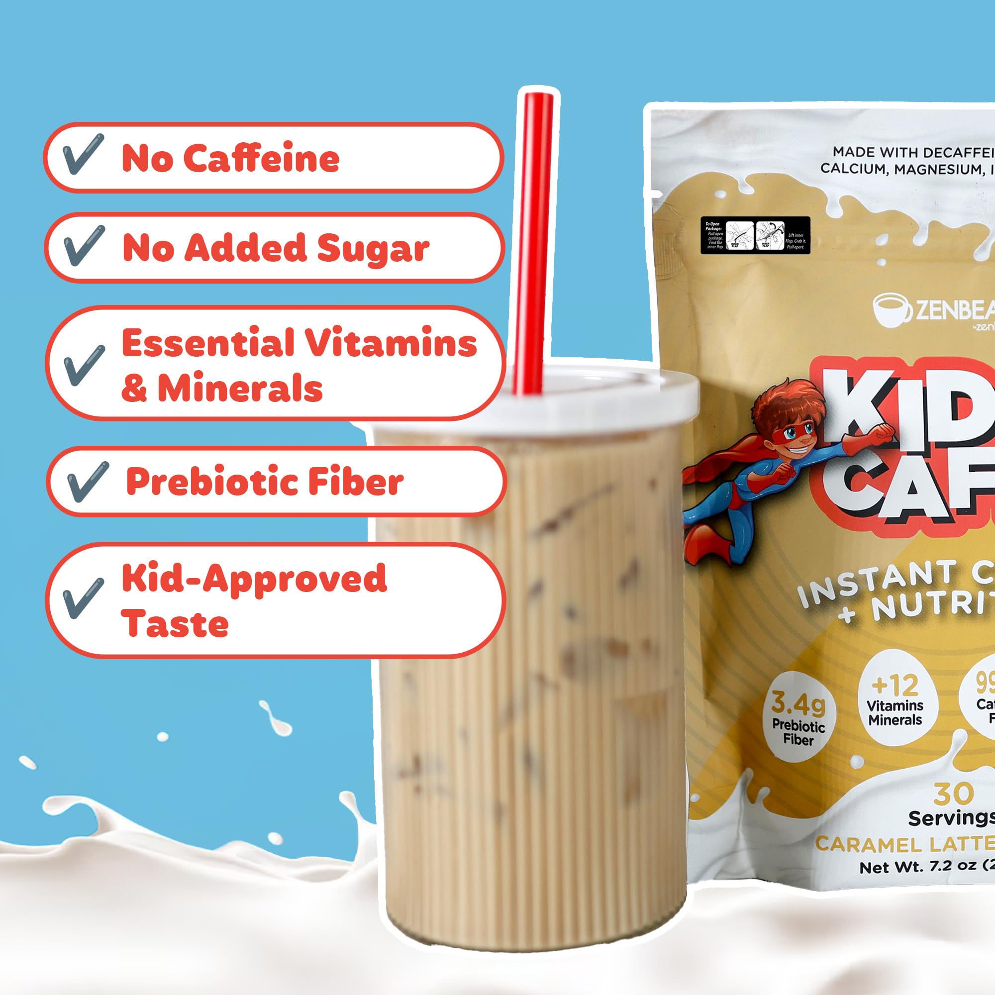 Zenbean Kids Cafe Caramel Latte mezcla en leche, textura cremosa para niños.