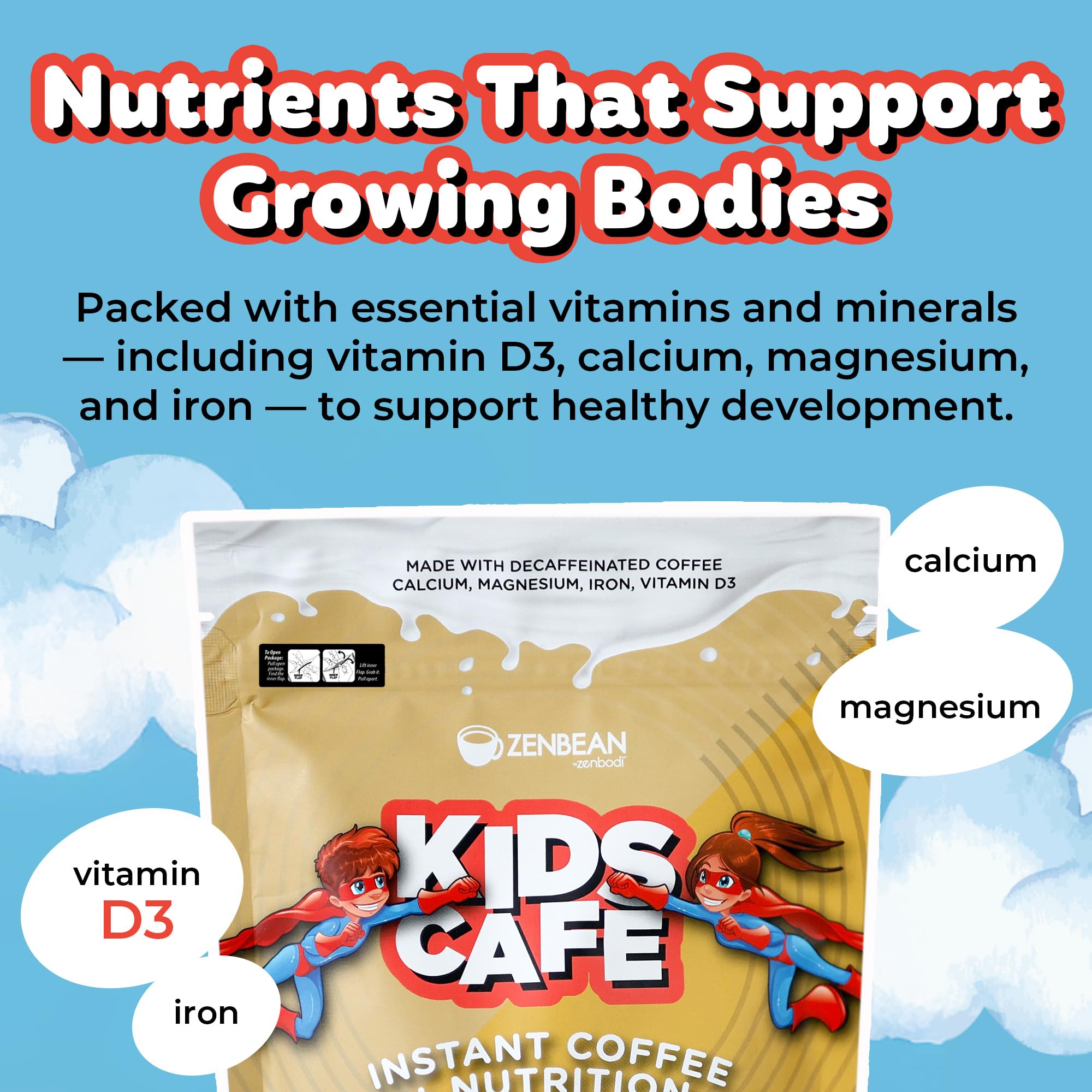 Zenbean Kids Cafe Caramel Latte contiene vitaminas y minerales clave como D3, calcio e hierro.