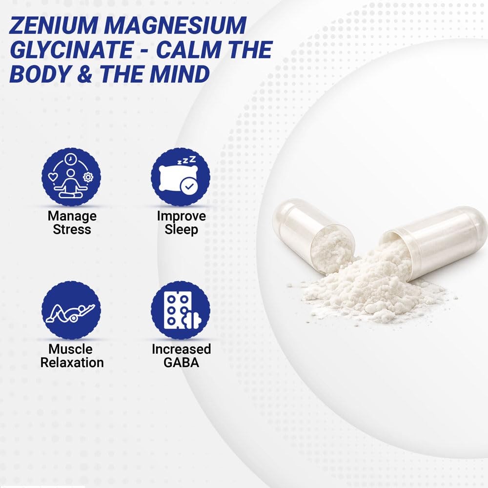 Capsulas Zenium Magnesio Glicinato en palma para relajación