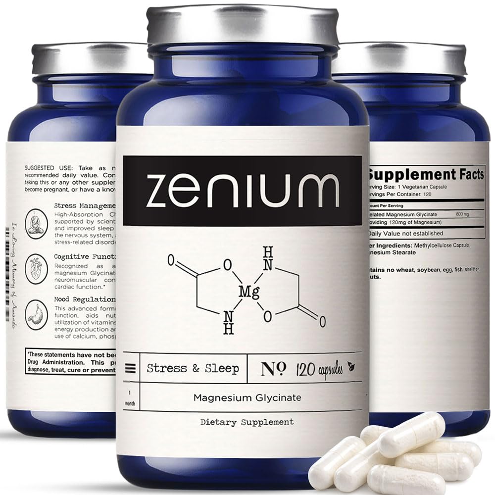 Botella Zenium Magnesio Glicinato junto a luz suave para descansar