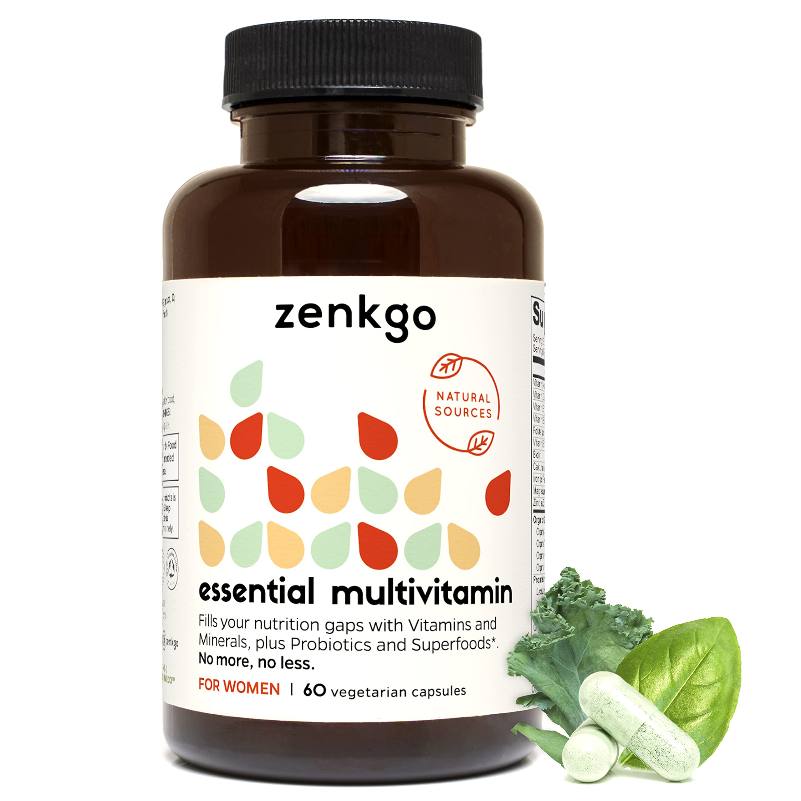 Zenkgo Mujeres Vitaminas y Probióticos, botella verter, apoyo digestivo suave.