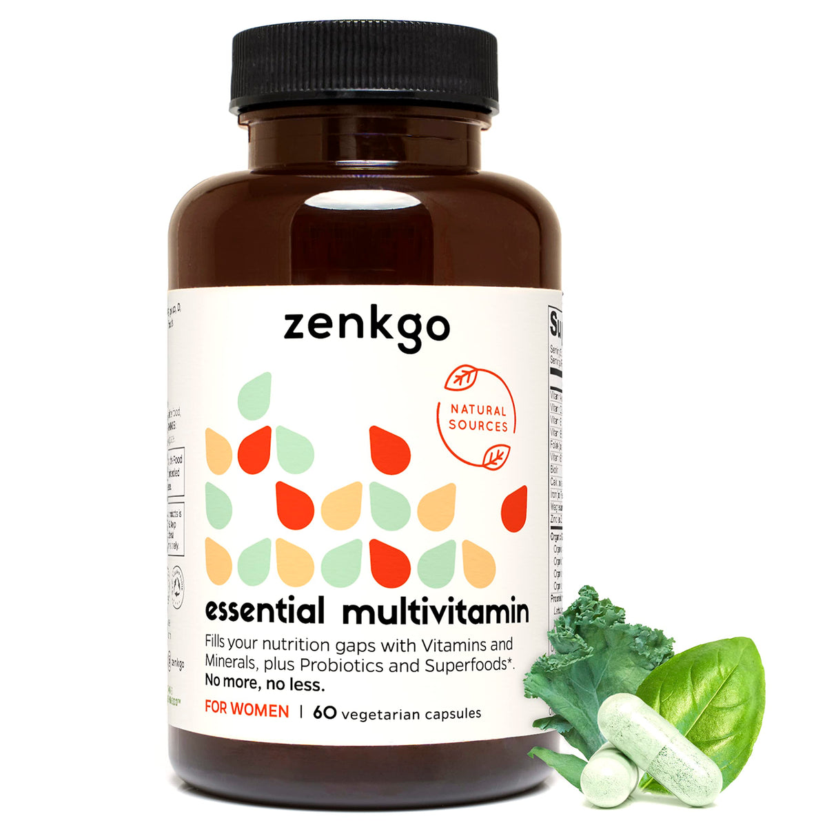 Zenkgo Mujeres Vitaminas y Probióticos, botella verter, apoyo digestivo suave.