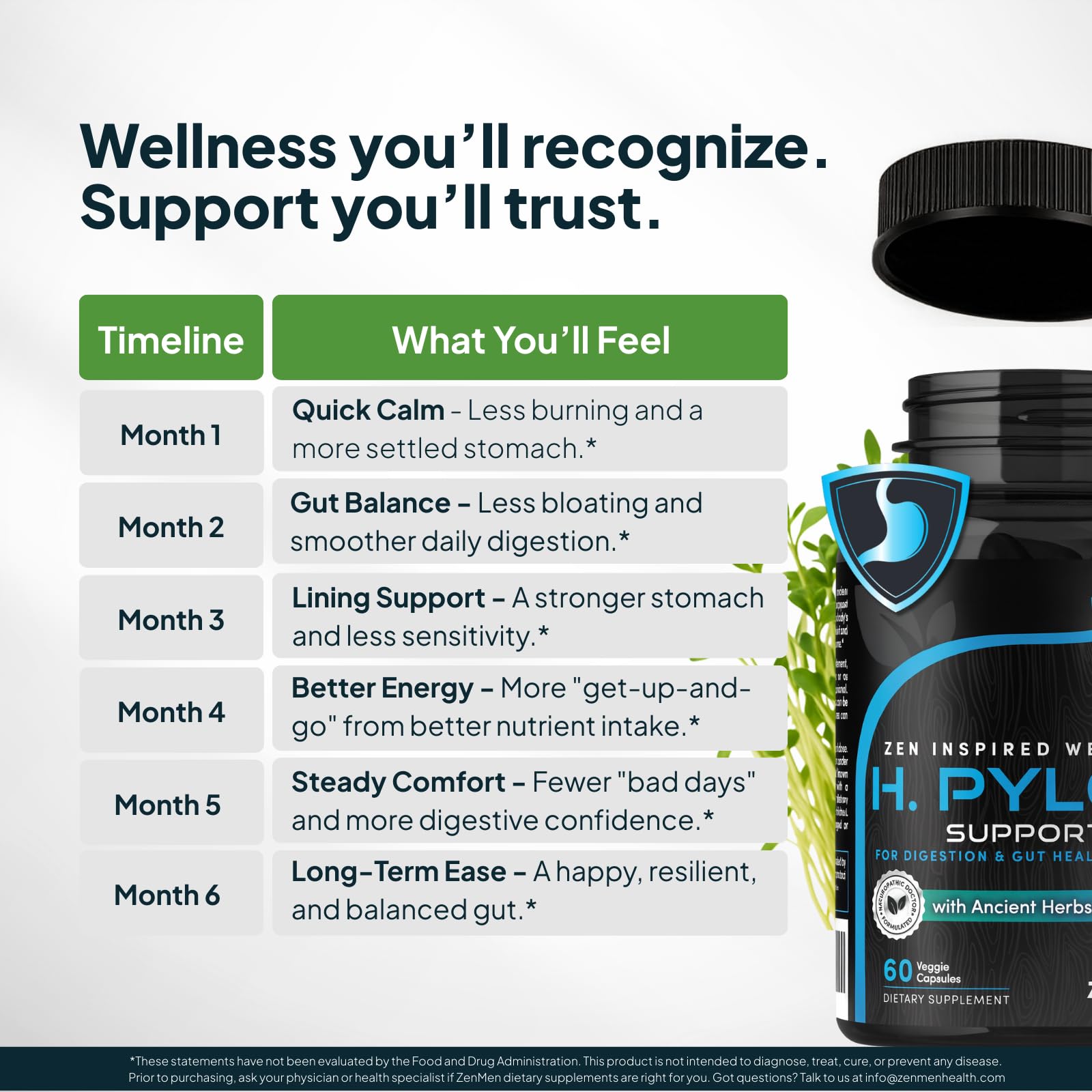 Zenmen H. Pylori Support, cápsulas verdes, probiótico para equilibrio intestinal