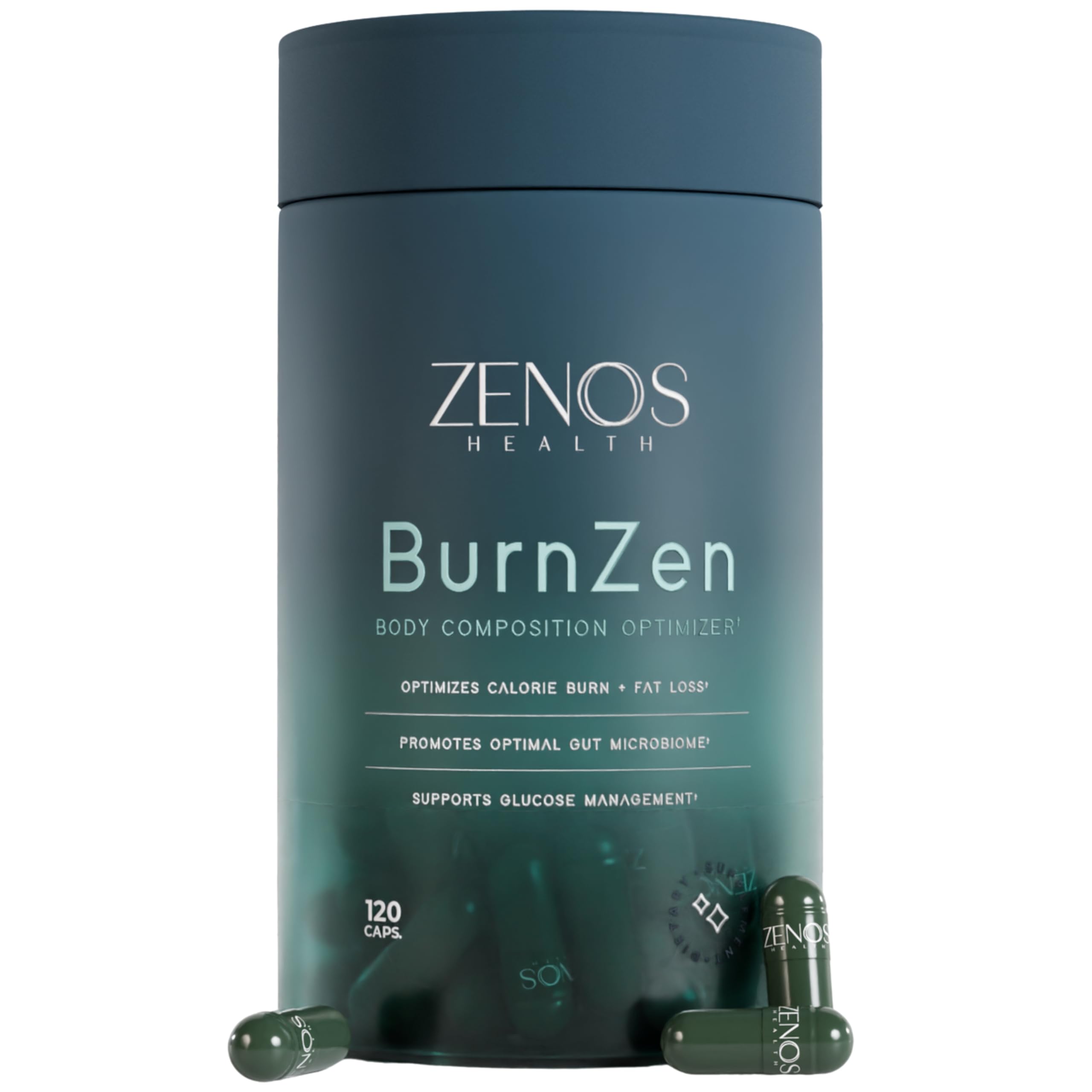 Zenos Health BurnZen botella visible, apoyo al metabolismo y energía diaria.