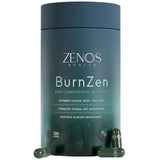 Zenos Health BurnZen botella visible, apoyo al metabolismo y energía diaria.