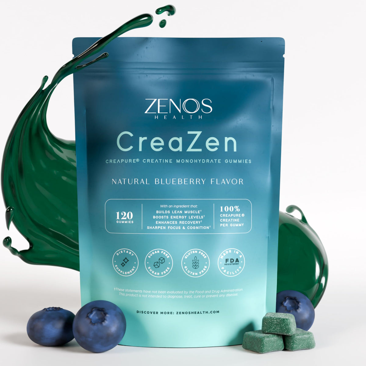 Zenos Health CreaZen gomas frente al envase para energía muscular sostenida