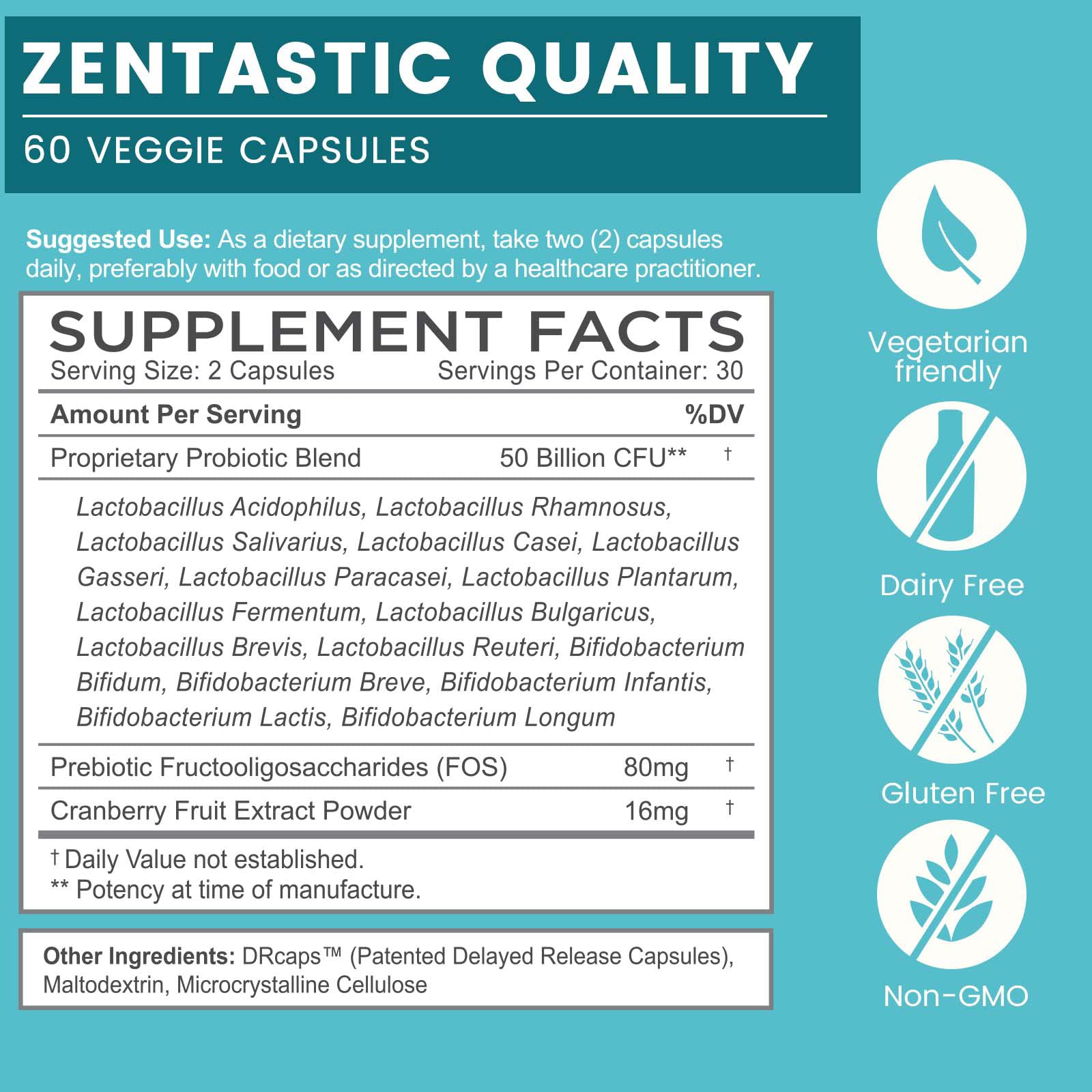 Cápsulas vegetales Zentastic Probiotics para uso diario en la rutina.