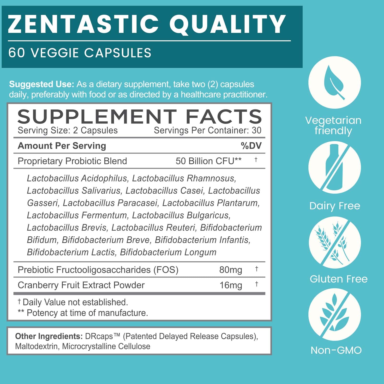 Zentastic Probiotics frasco de 120 cápsulas para uso cómodo.