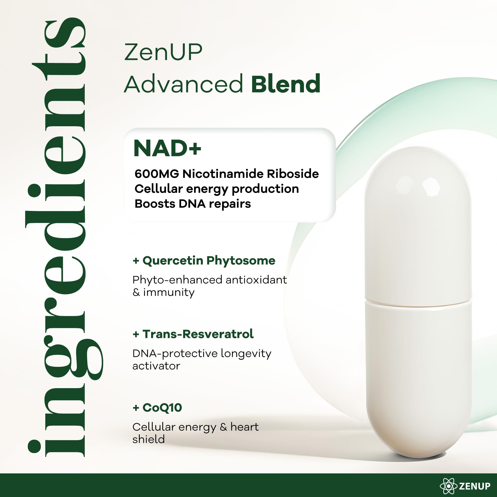 ZenUP NAD+ frasco de 120 cápsulas para uso diario.