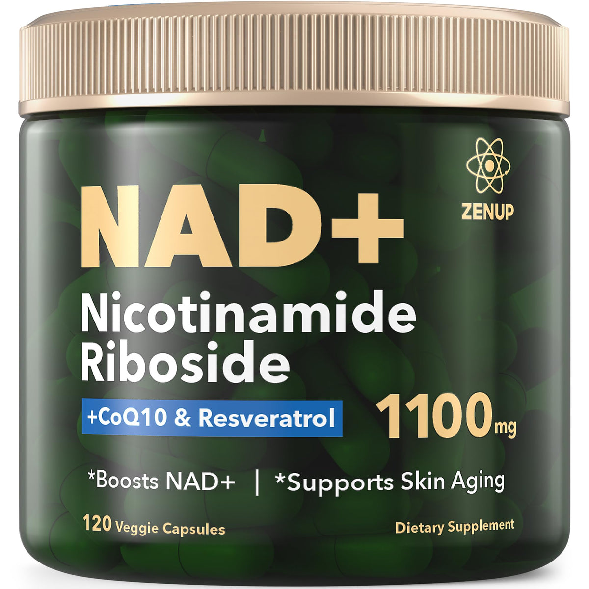 ZenUP NAD+ liposomal nicotinamida ribosido, botella en primer plano para energía sostenida.