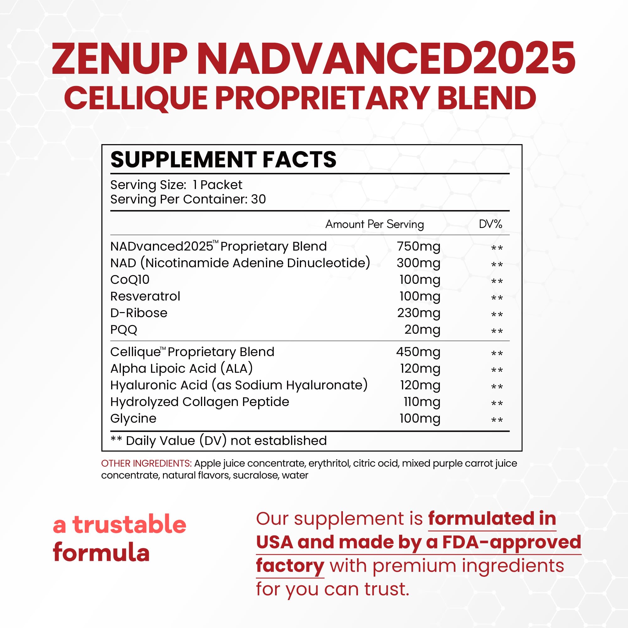 Etiqueta de ZenUP NAD líquido con ingredientes clave CoQ10 y Resveratrol