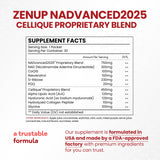 Etiqueta de ZenUP NAD líquido con ingredientes clave CoQ10 y Resveratrol