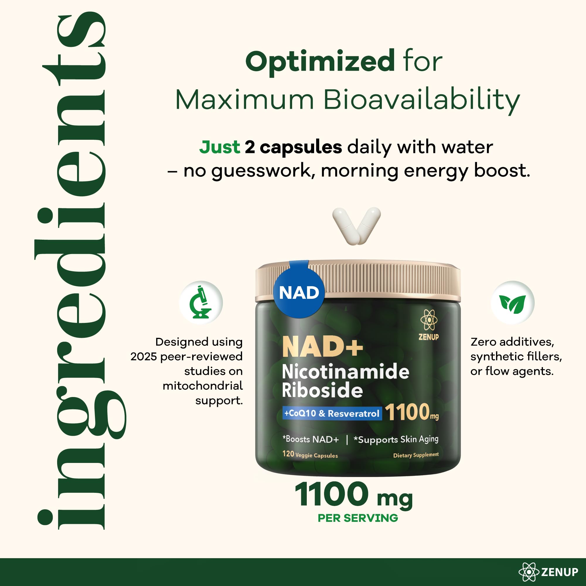 ZenUP NAD+ toma diaria con agua para energía sostenida.