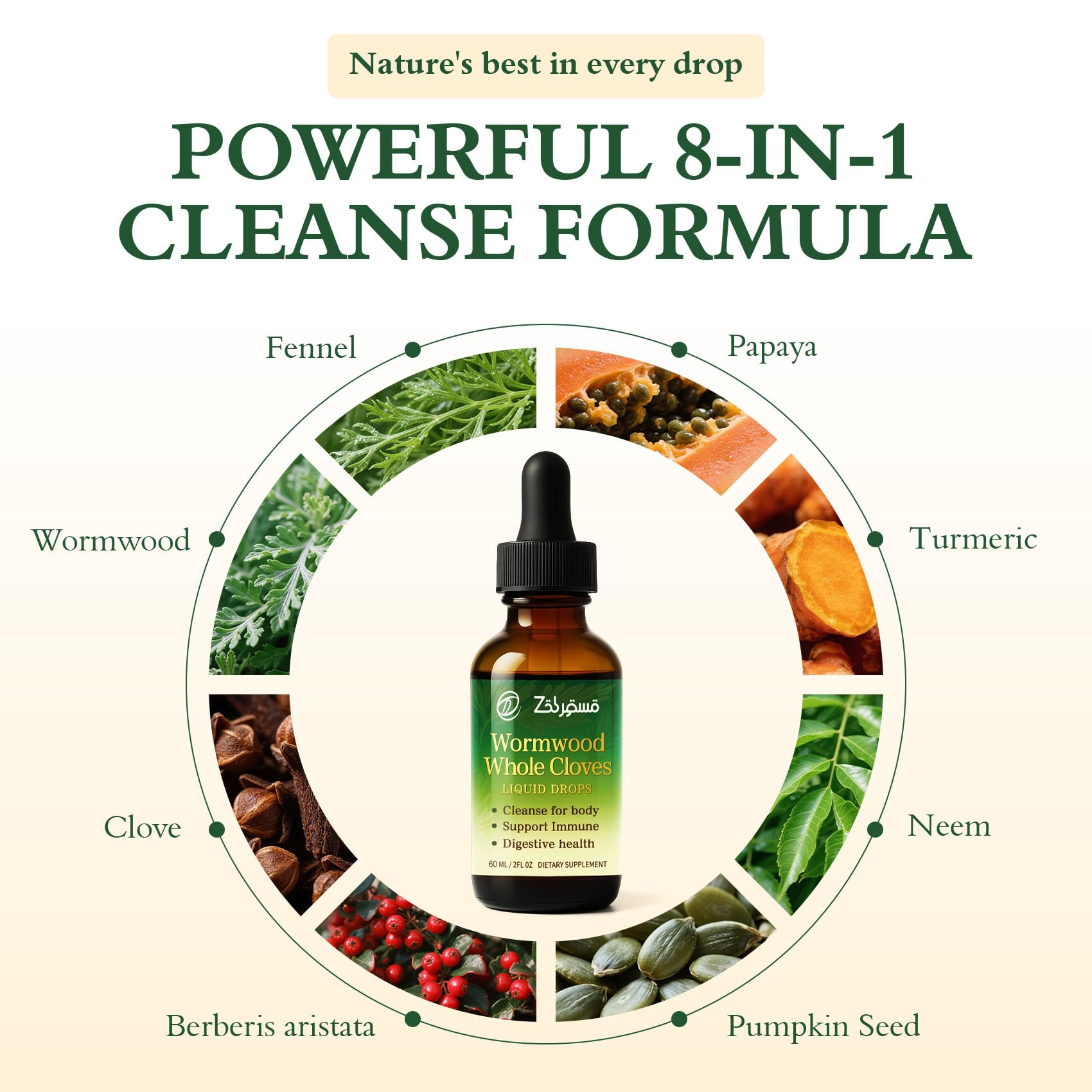 Mezcla herbal ZENVIVIAN en botella con ingredientes naturales.