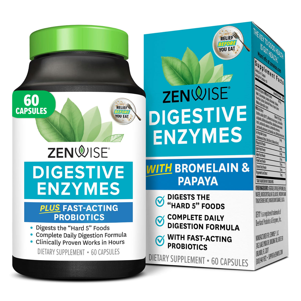 Zenwise Health Digestive Enzymes con bromelina y papaya, frasco listo para uso diario.