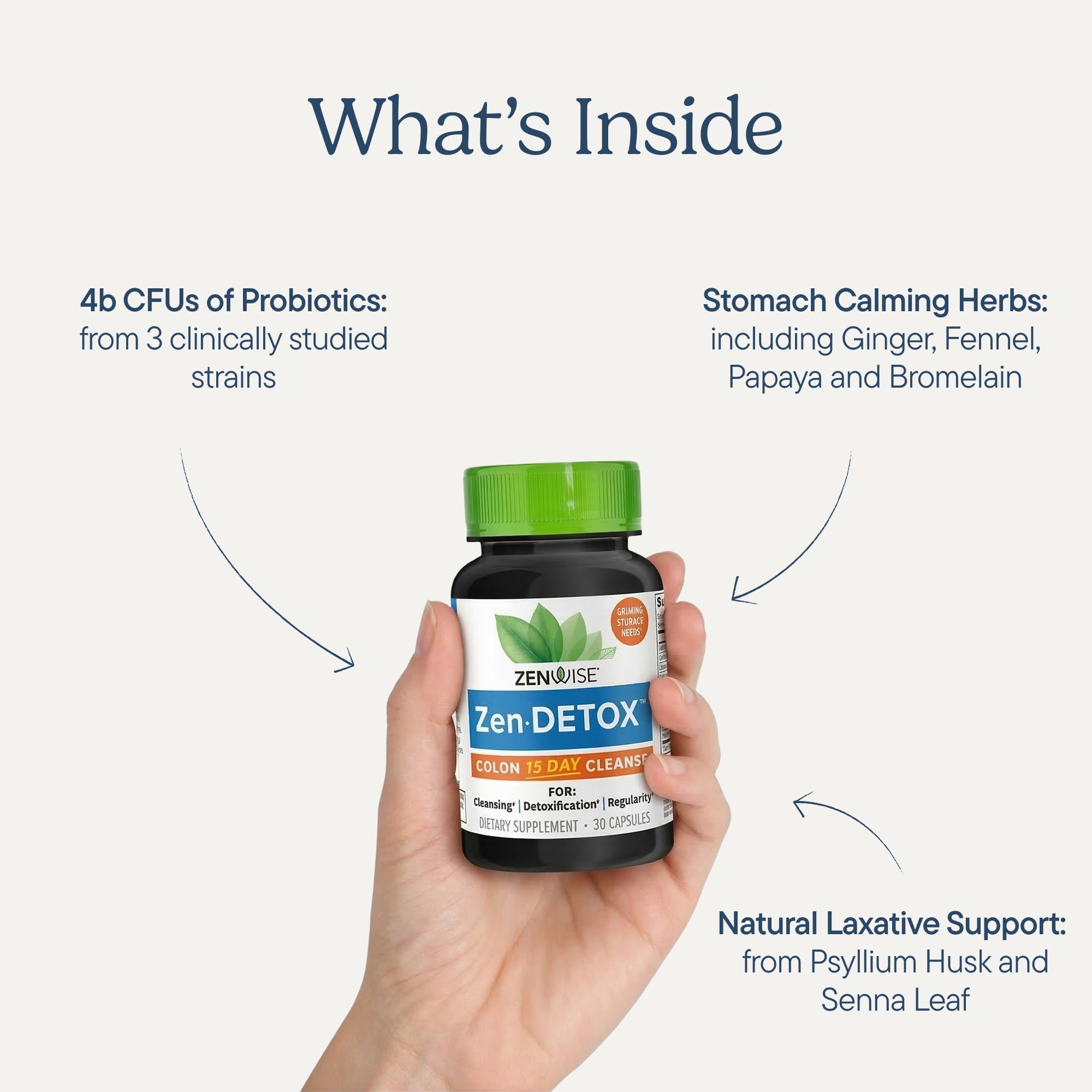 Zenwise Health Detox Colon: cápsulas visibles en la botella para dosis diaria.