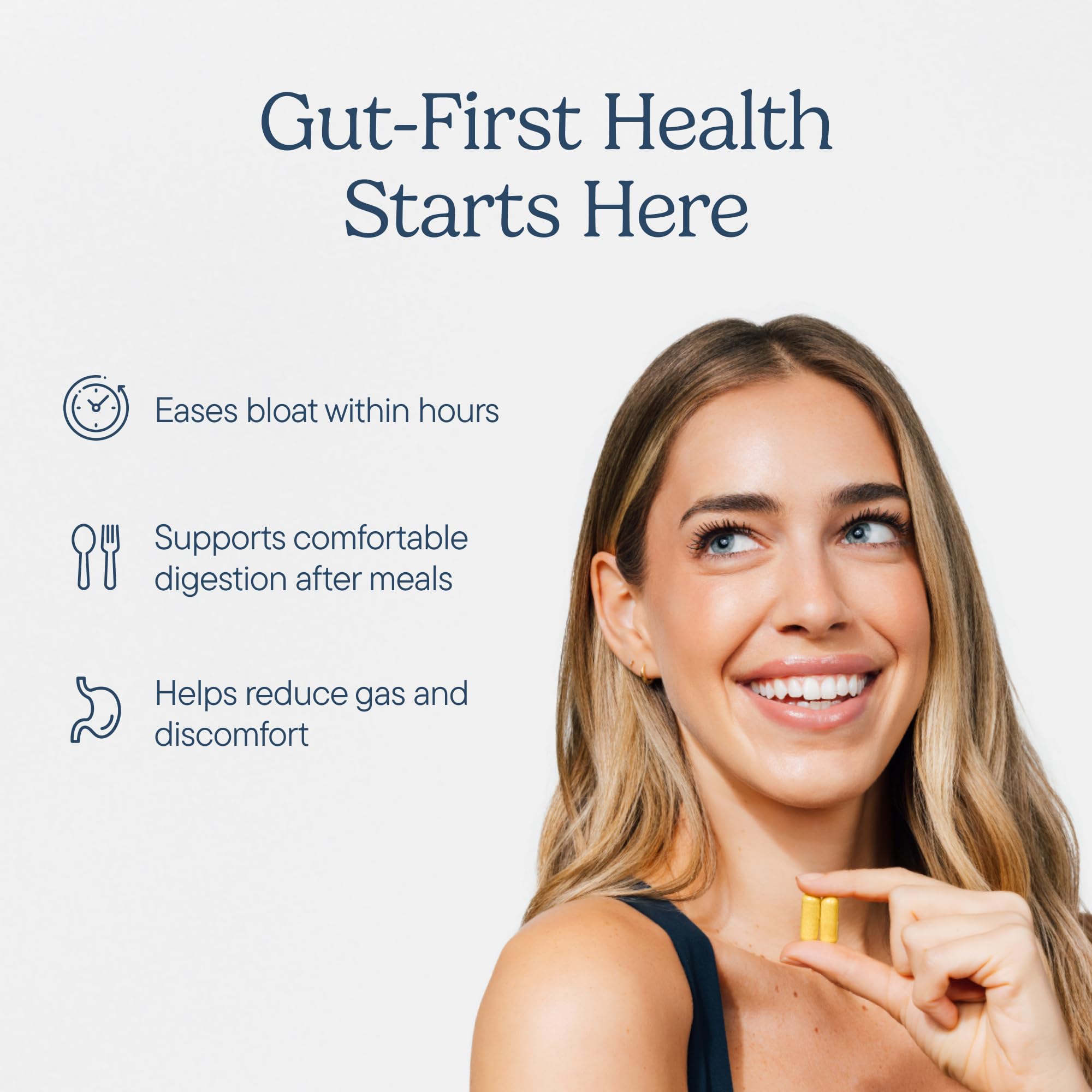 Zenwise No Bloat: cápsulas en mano, apoyo a una digestión más suave tras comidas abundantes.