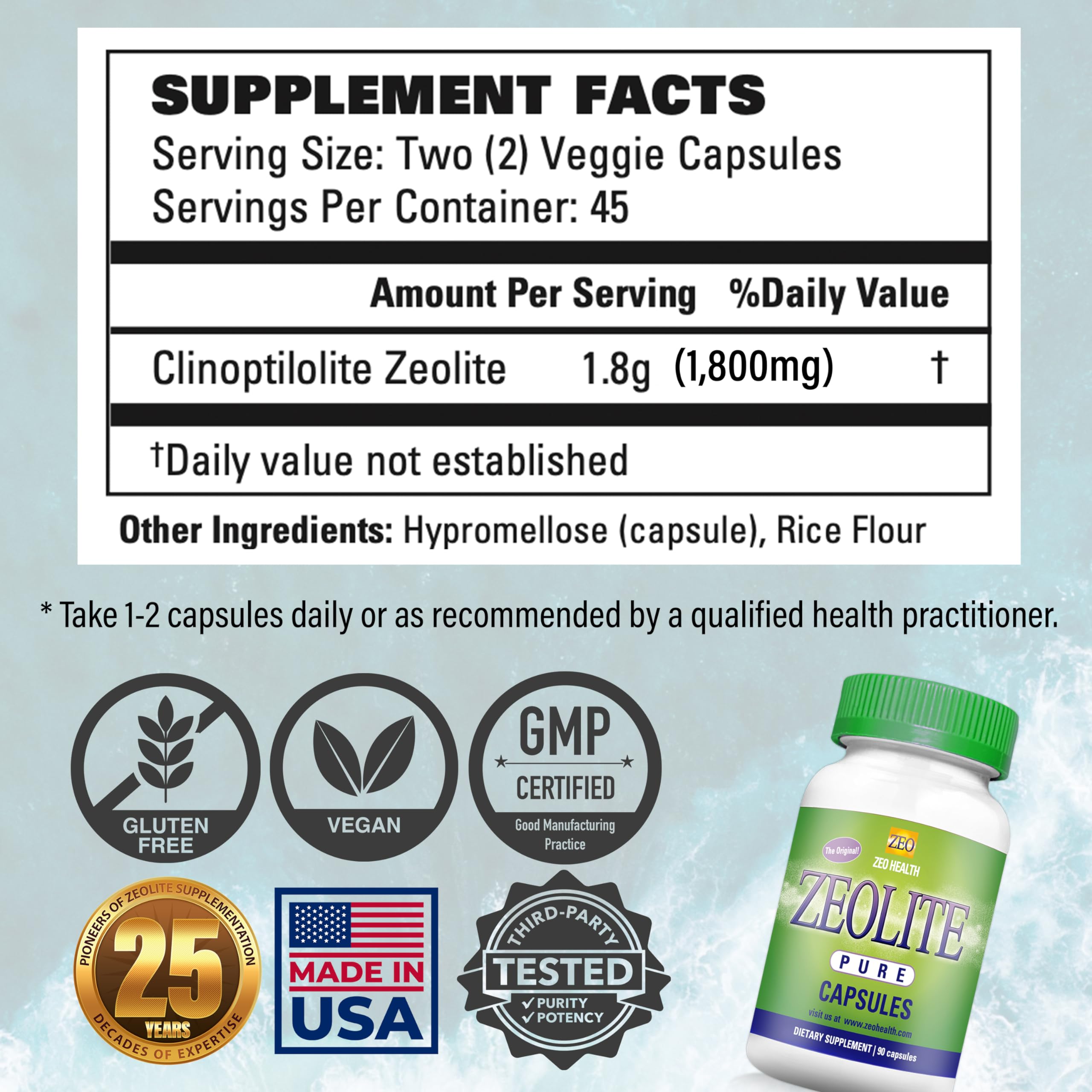 Envase de Zeolita Pure sobre fondo neutro, control de calidad y pureza.