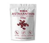 Zeria Astaxantina 12mg, botella de 150 cápsulas suaves para uso diario.