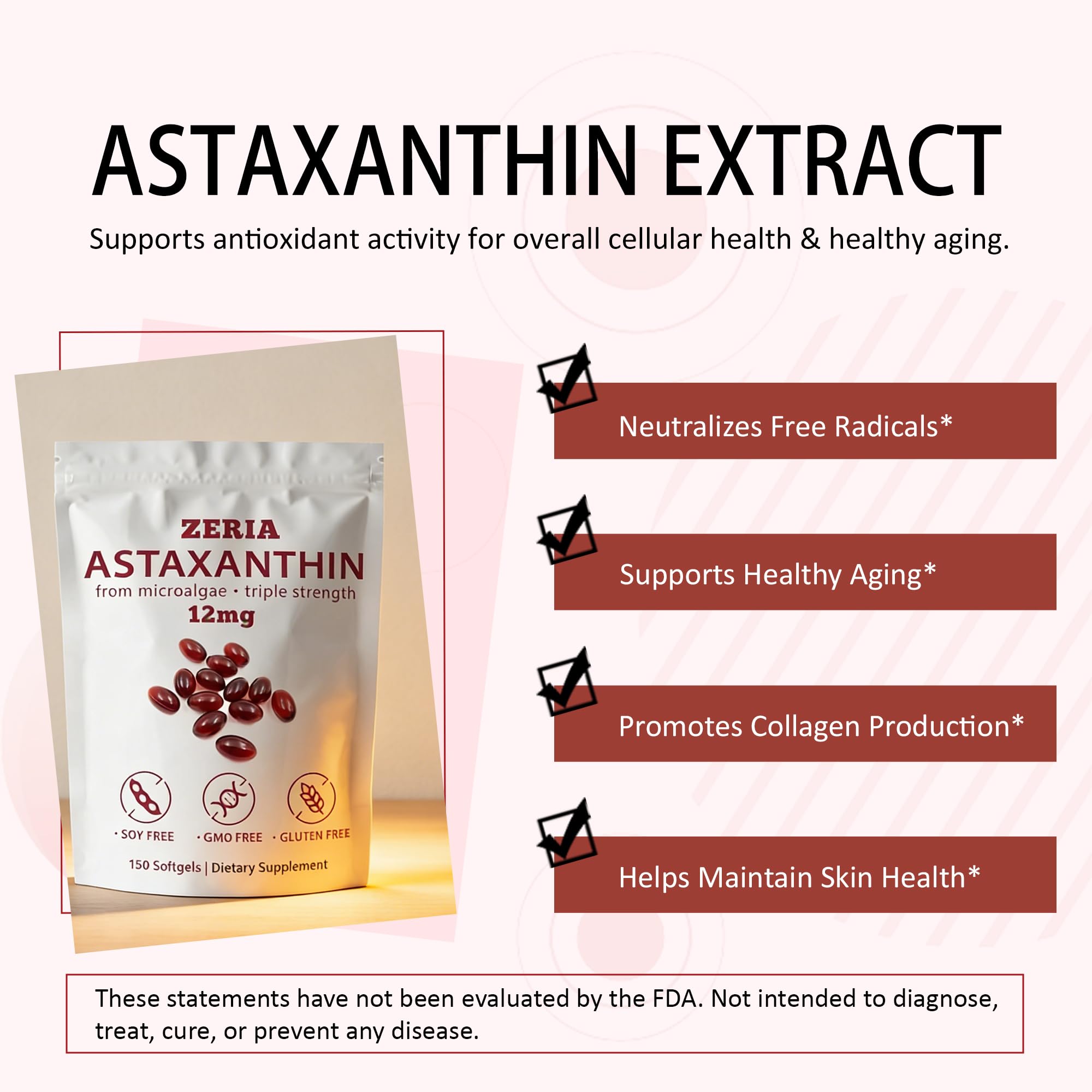 ZERIA Astaxantina 12mg, cápsulas blandas fáciles de incorporar en la rutina.