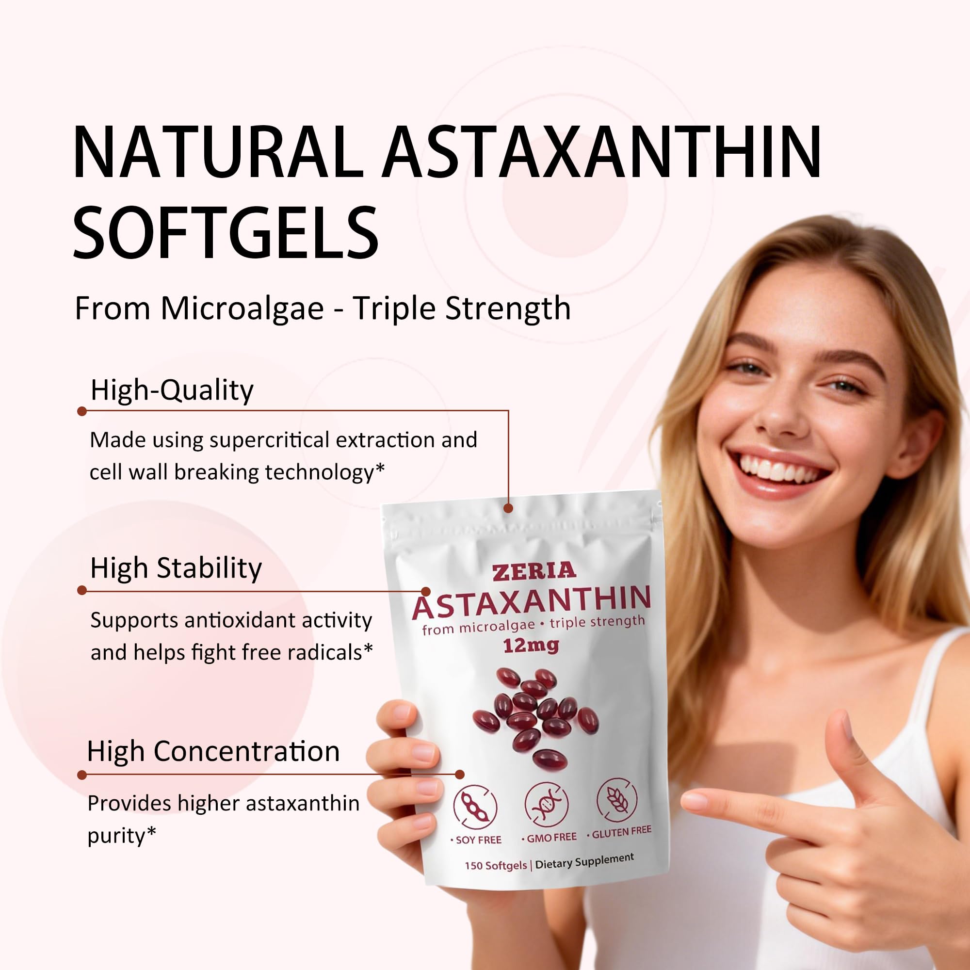 ZERIA Astaxantina 12mg, empaque sostenible para consumidores conscientes.
