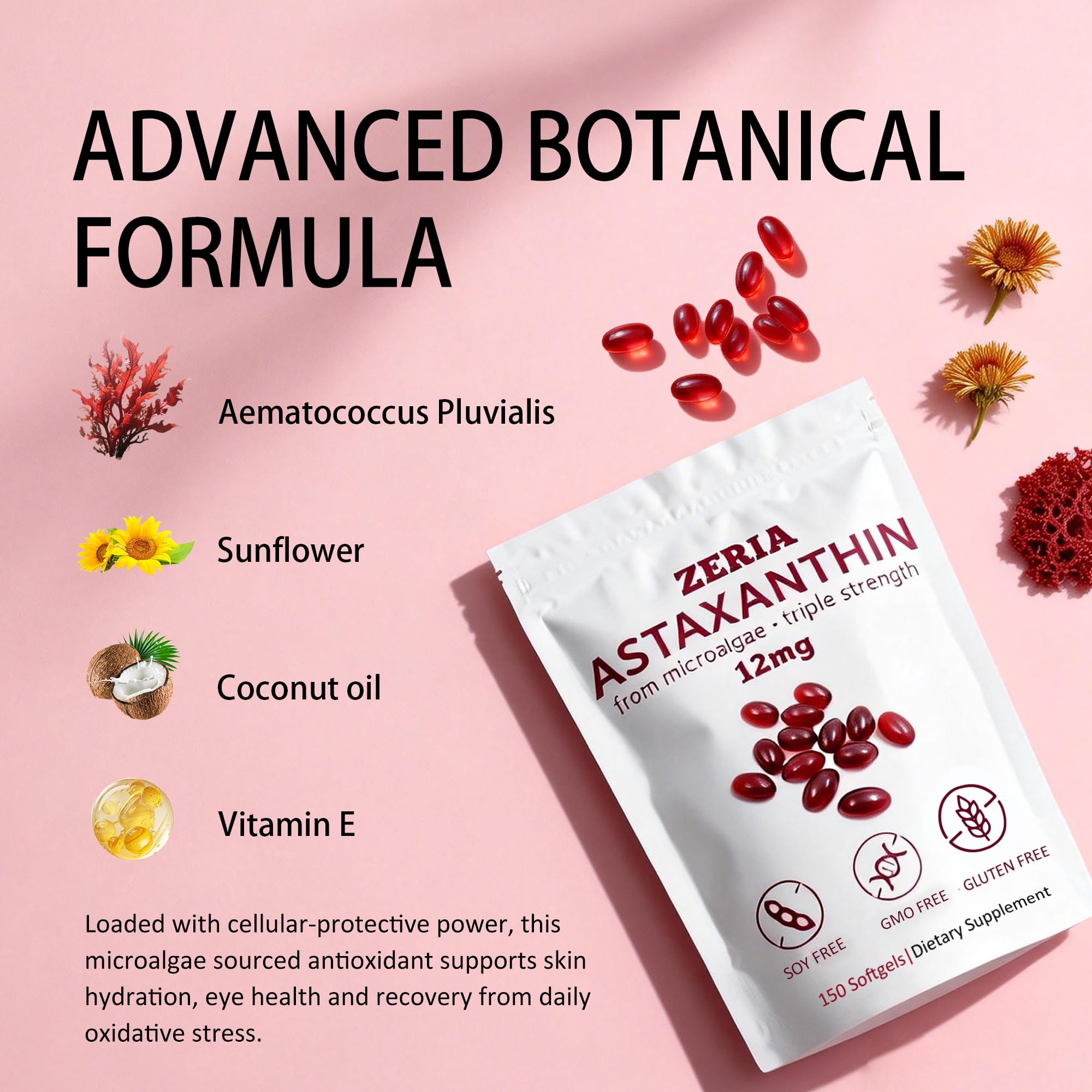 ZERIA Astaxantina 12mg, etiqueta con microalgas naturales y sin organismos modificados.
