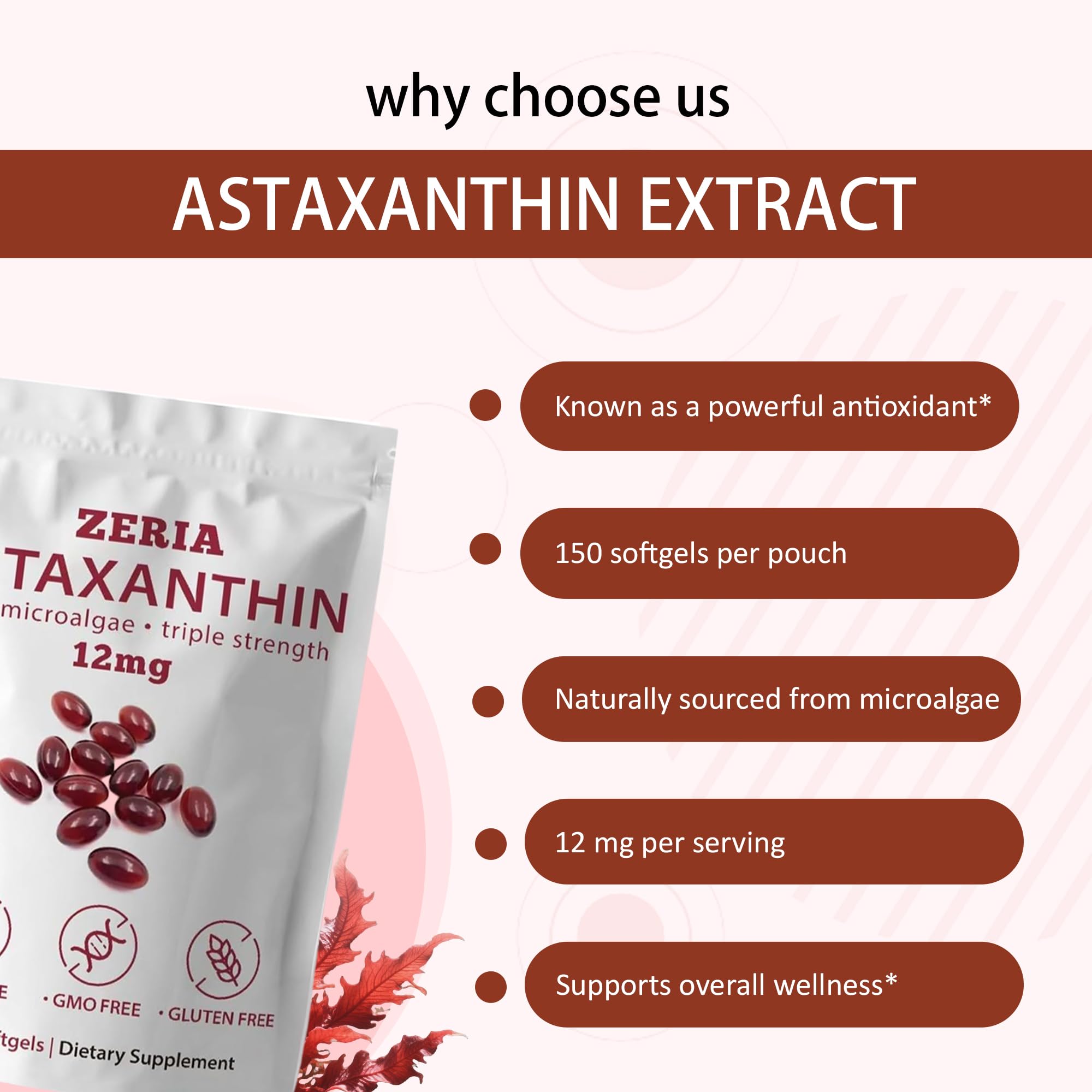 ZerIA Astaxantina 12mg, uso diario para ojos y piel saludables.