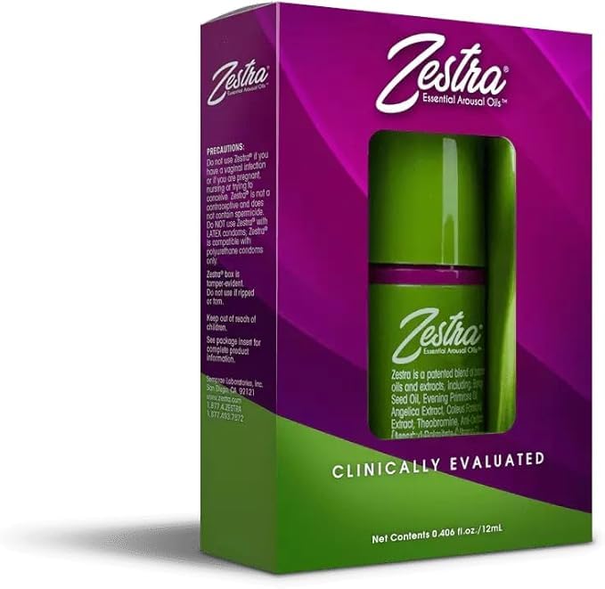 Zestra Aceites Esenciales Estimulación, botella visible, para momentos íntimos más sensoriales.