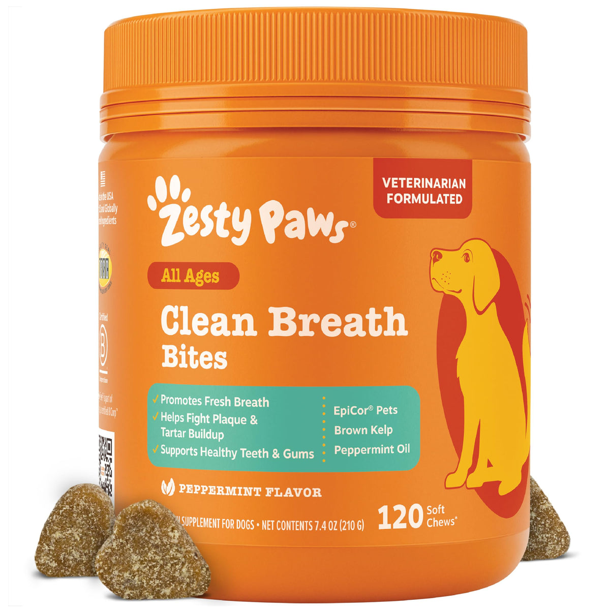 Zesty Paws Clean Breath Bites para aliento fresco en perros.