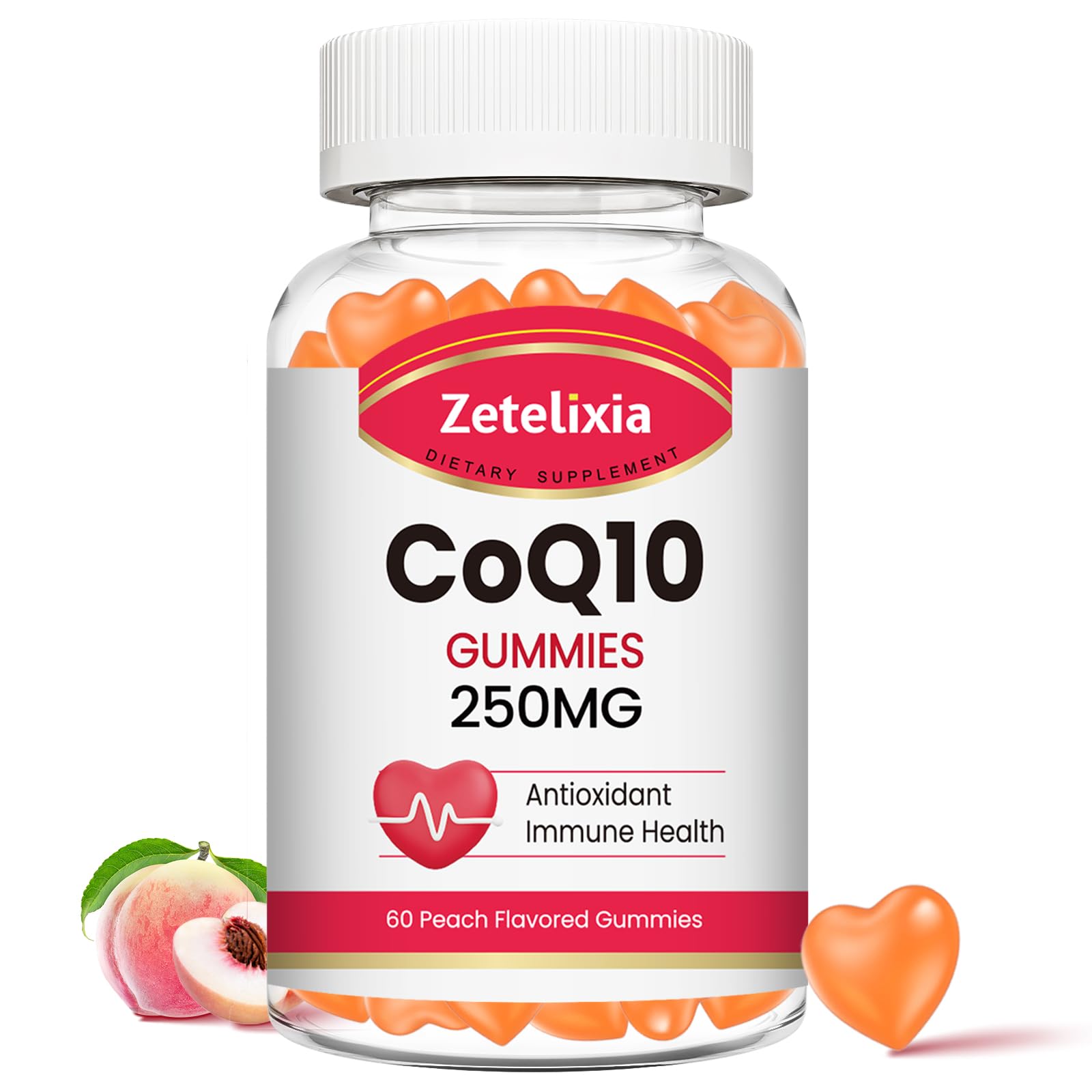 Zetelixia CoQ10 gomitas melocotón: empaque atractivo y sabor para energía diaria