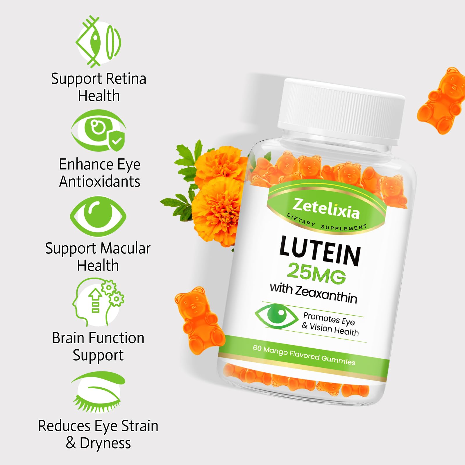 Envase Zetelixia Luteina, pack de 60 gomitas fáciles de usar.