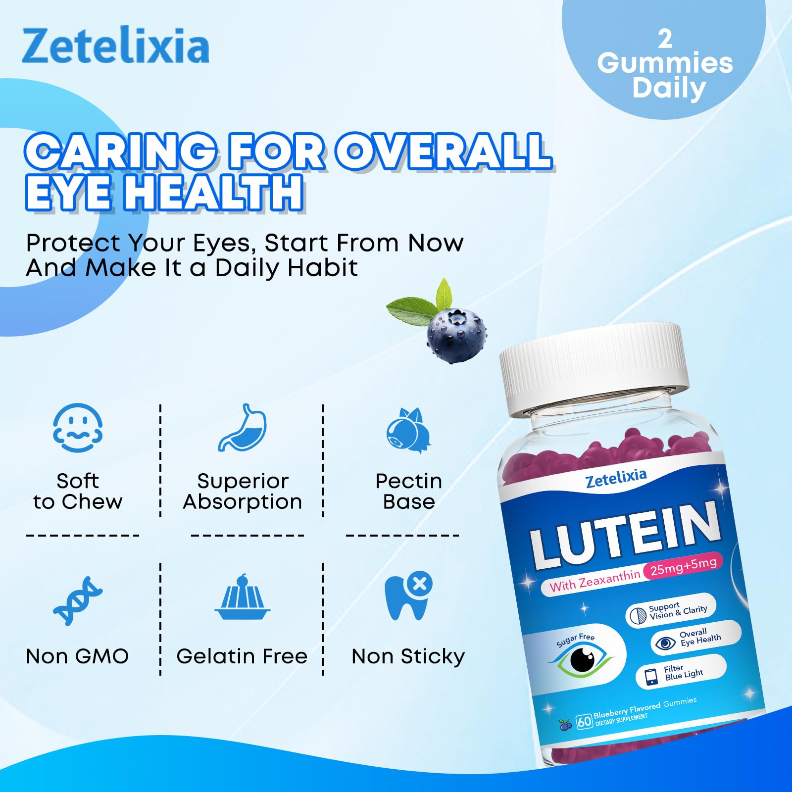 Ingredientes clave Zetelixia omega-3 y arándano para ojos sanos.