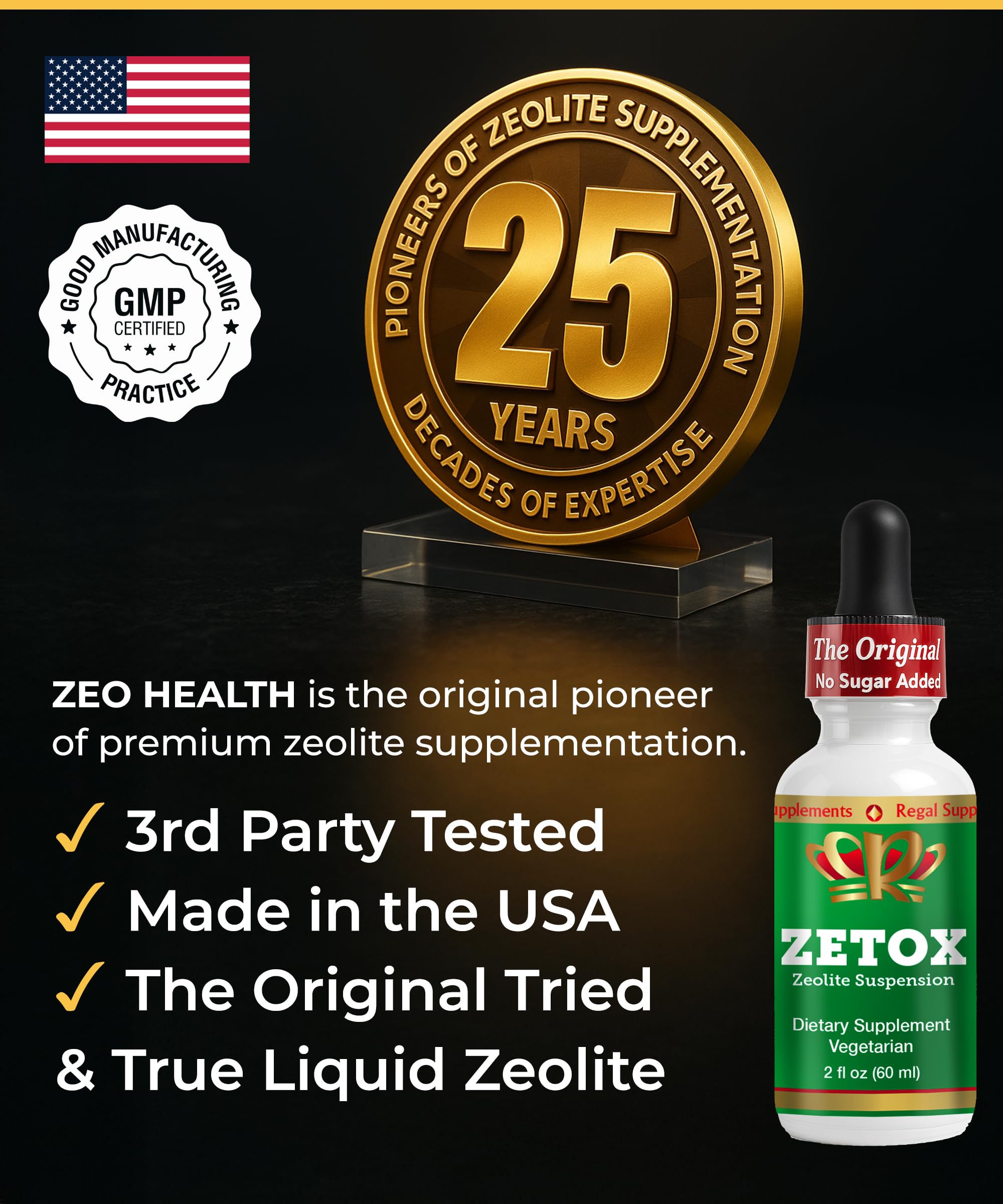 Zeo Health Zetox prueba de calidad de terceros garantiza pureza.