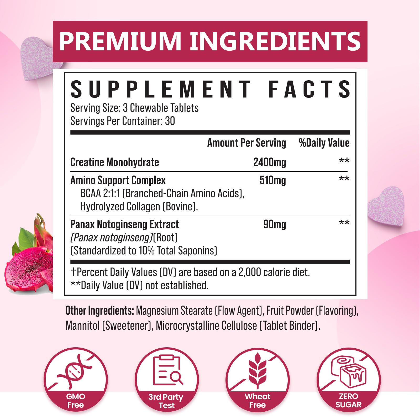 Zeylamum Creatina para Mujeres, tres tabletas masticables, sabor Fruta del Dragón, conveniente para entrenar