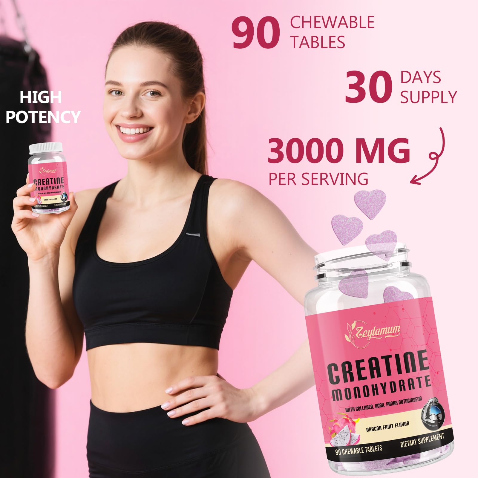 Zeylamum Creatina para Mujeres, sabor Fruta del Dragón, sin azúcar añadida