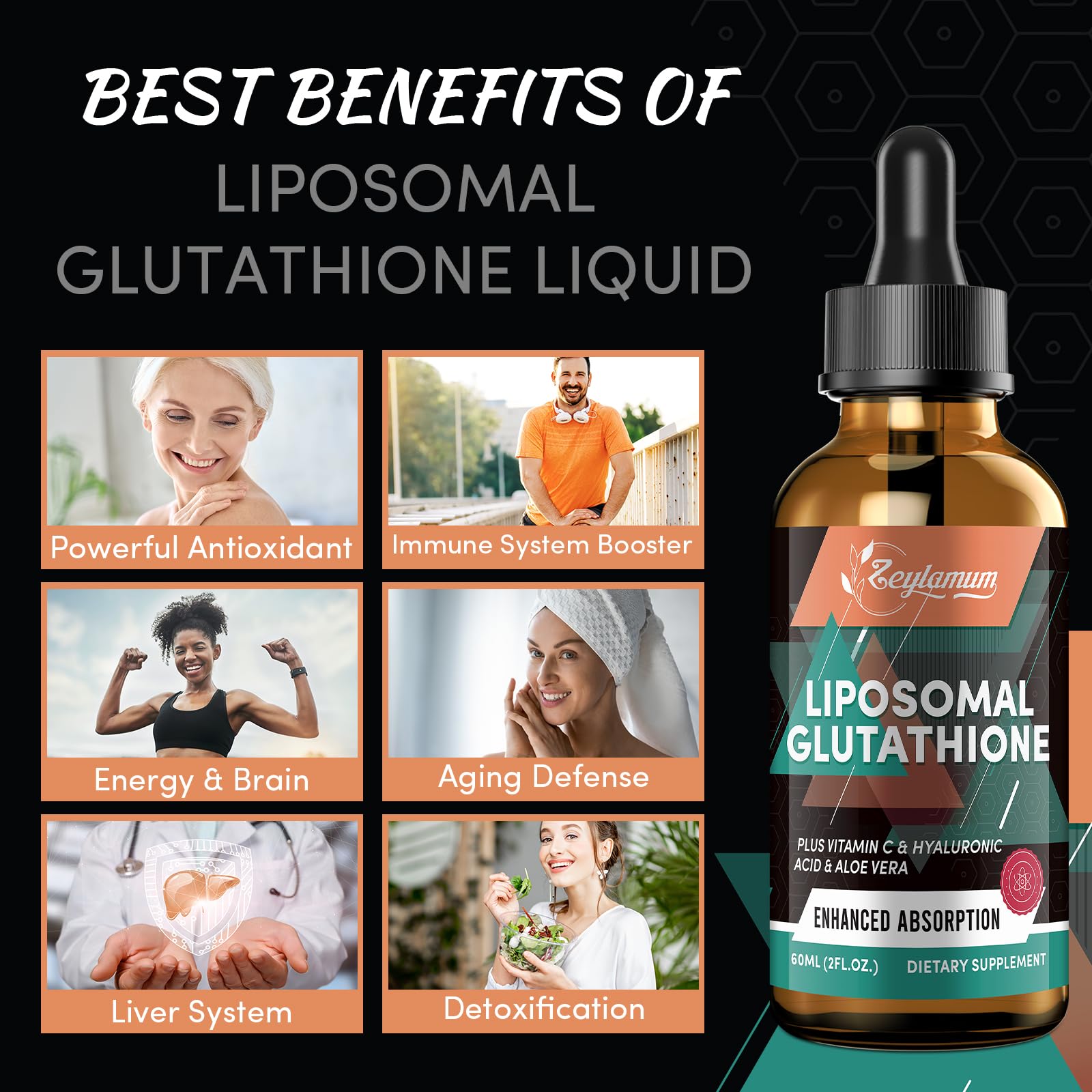Zeylamum glutatión liposomal caja exhibida, envase premium sin gluten, soja ni trigo