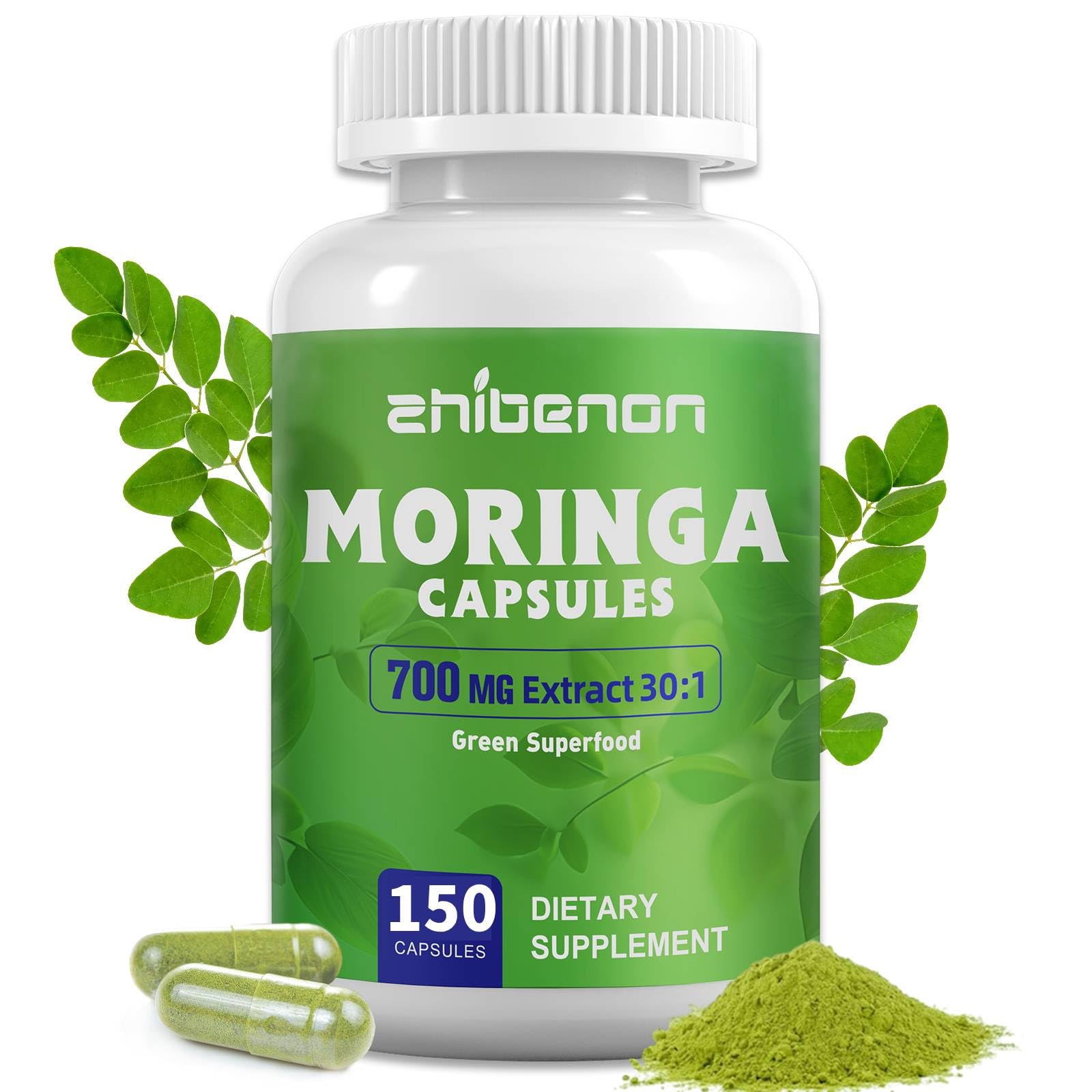 Botella de Zhibenon Moringa 700 mg para uso diario.