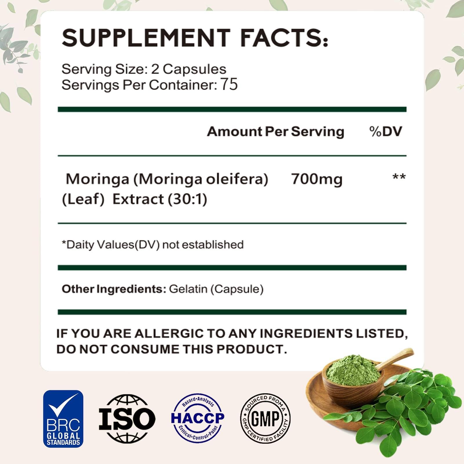 Cápsulas de Zhibenon Moringa, 150 unidades, fáciles de tragar.