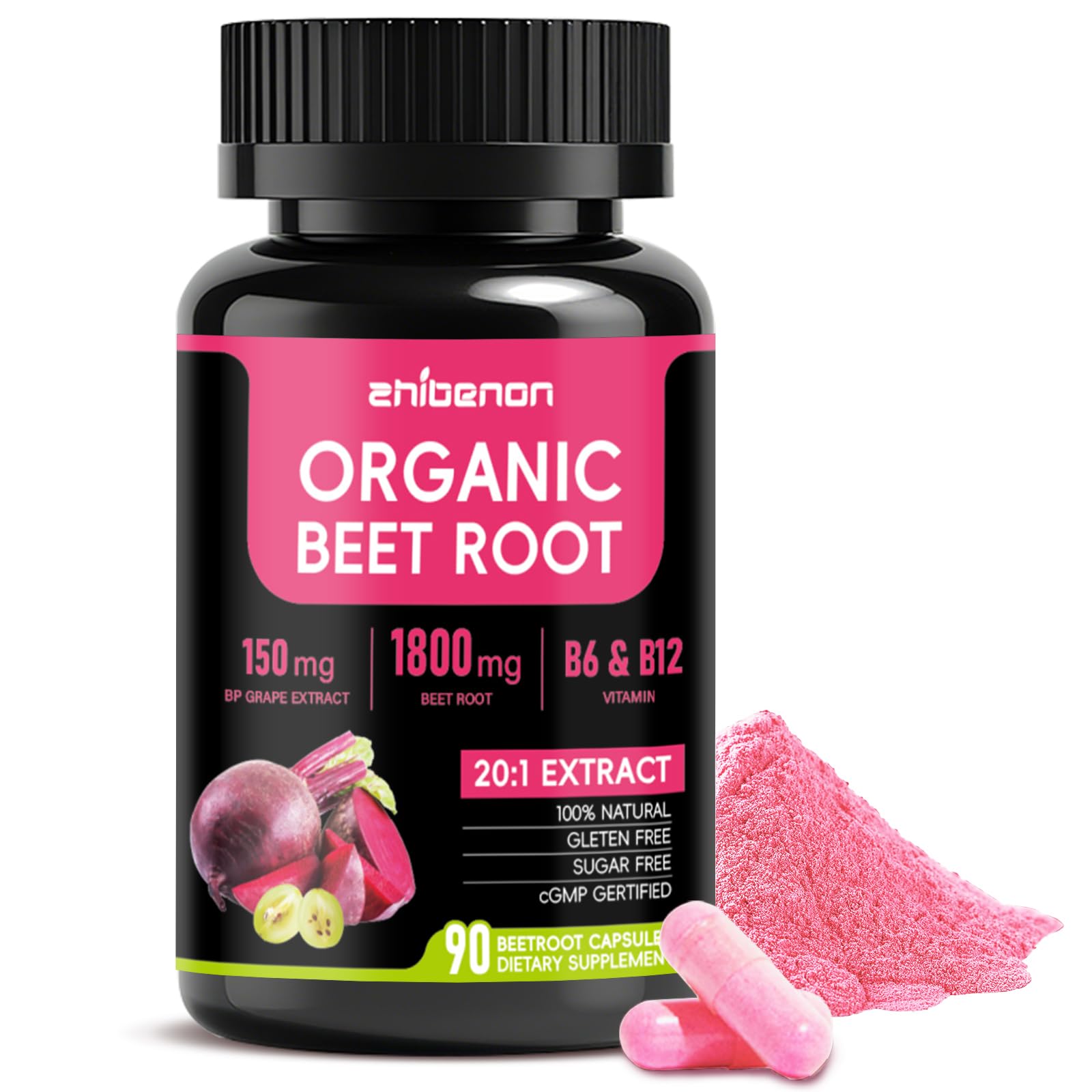Zhibenon remolacha orgánica en cápsulas, 1800 mg para energía diaria.