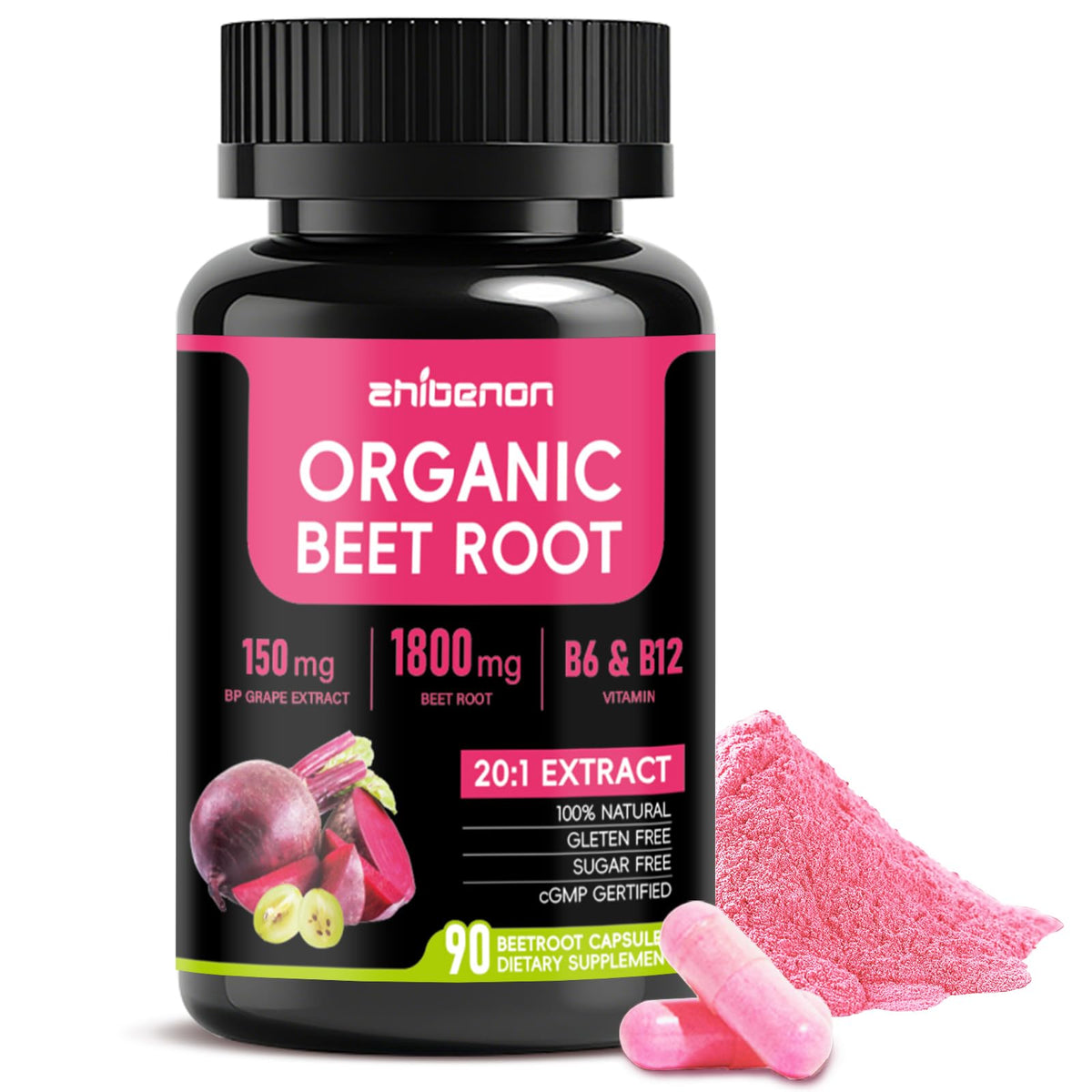 Zhibenon remolacha orgánica en cápsulas, 1800 mg para energía diaria.