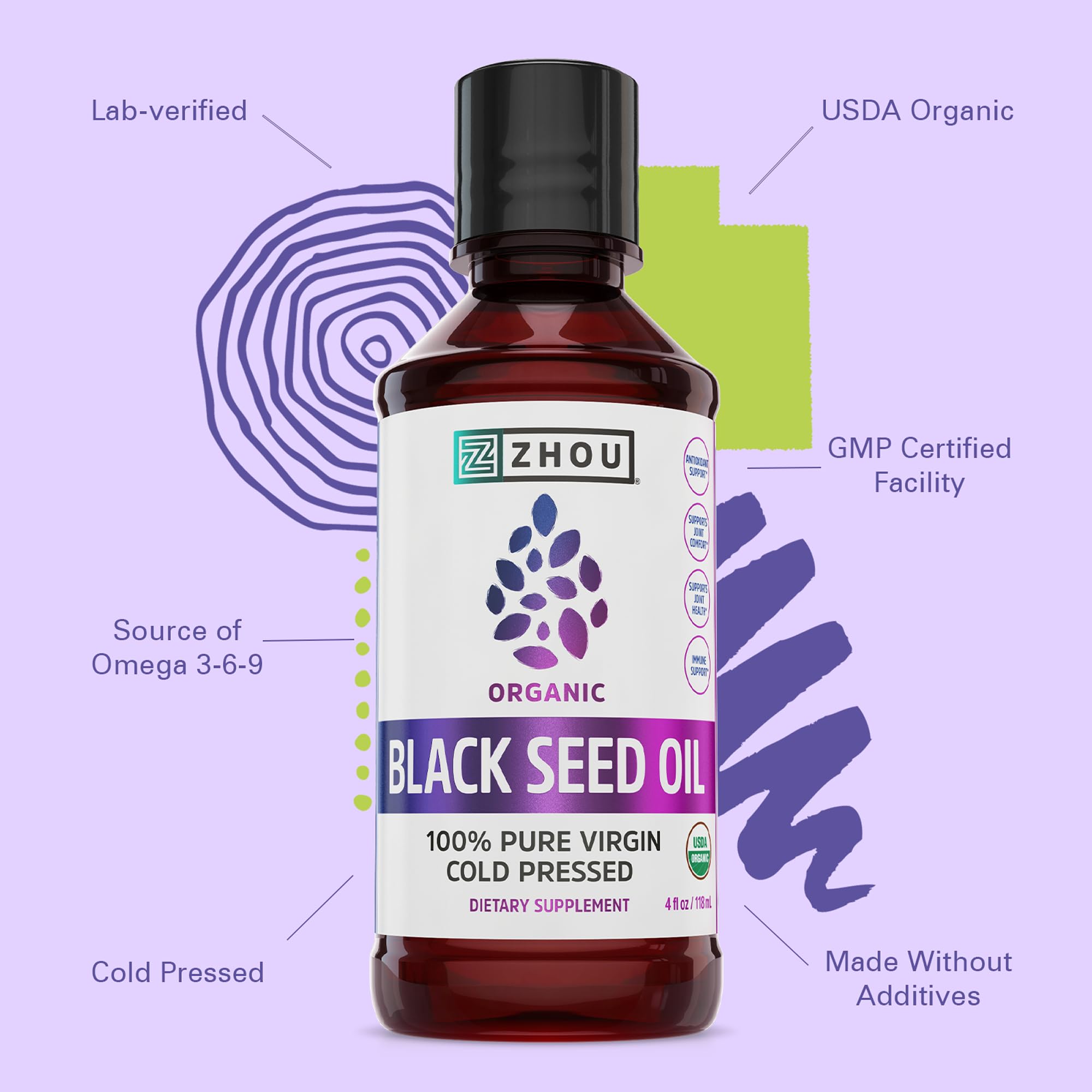 ZHOU Aceite de semilla negra: etiqueta clara con ingredientes y certificación orgánica.