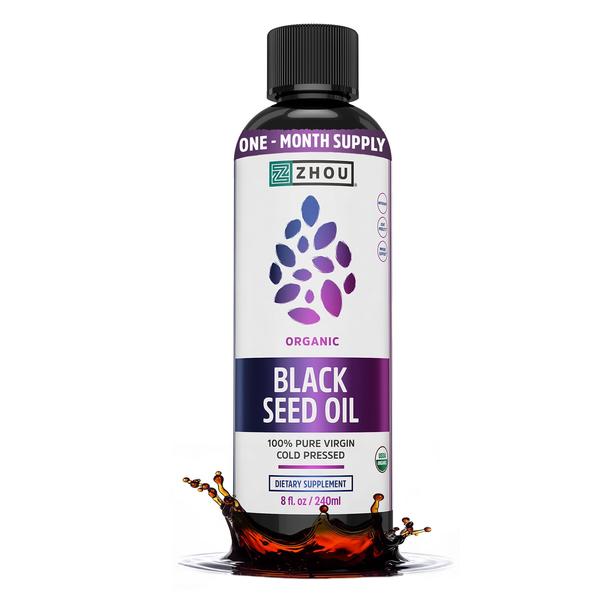 Zhou Aceite de semilla negra, bote 8 onzas, uso diario para piel y cabello.