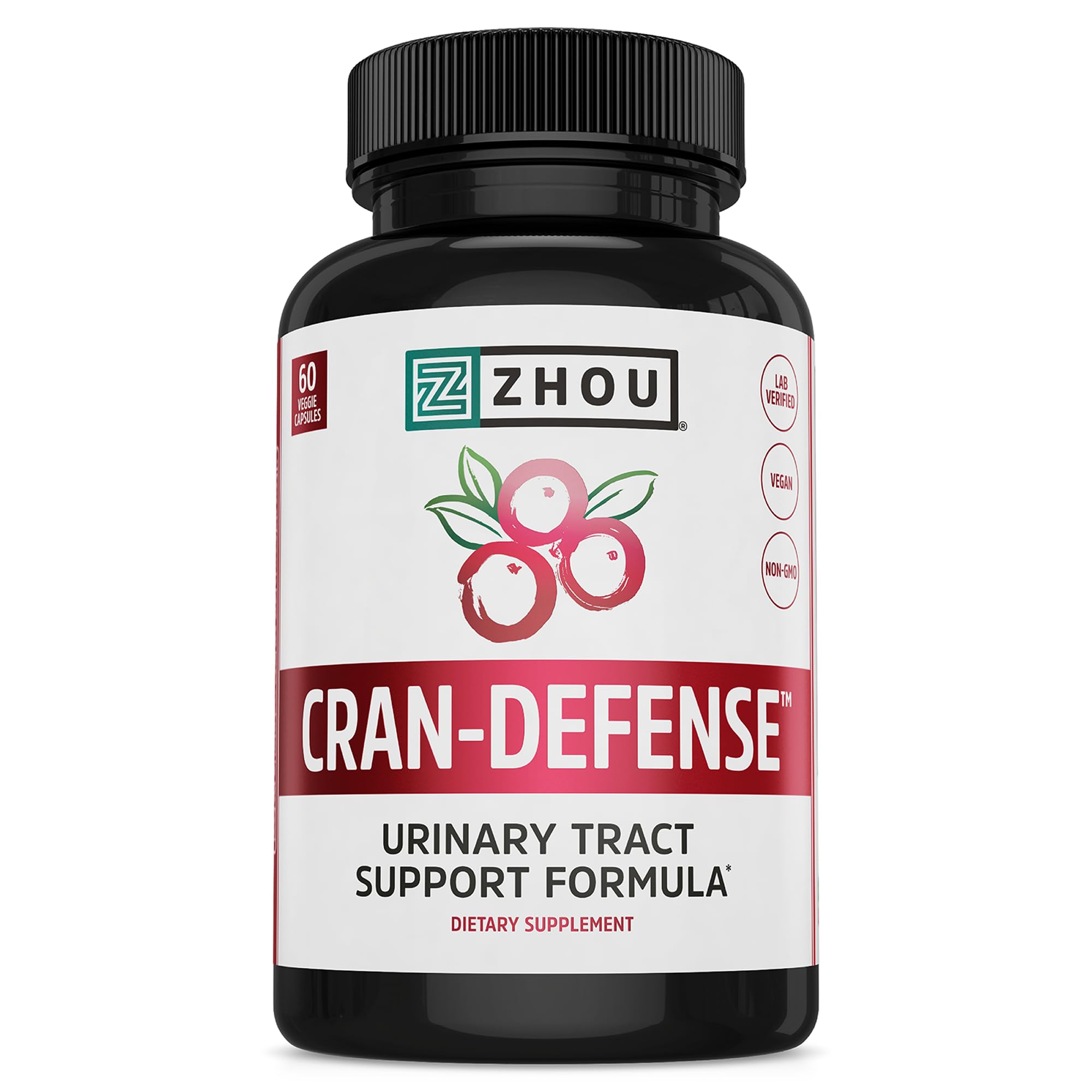 Zhou Cran-Defense: frasco de cápsulas para apoyo urinario diario.