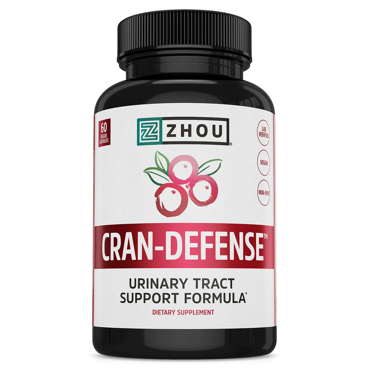 Zhou Cran-Defense: frasco de cápsulas para apoyo urinario diario.