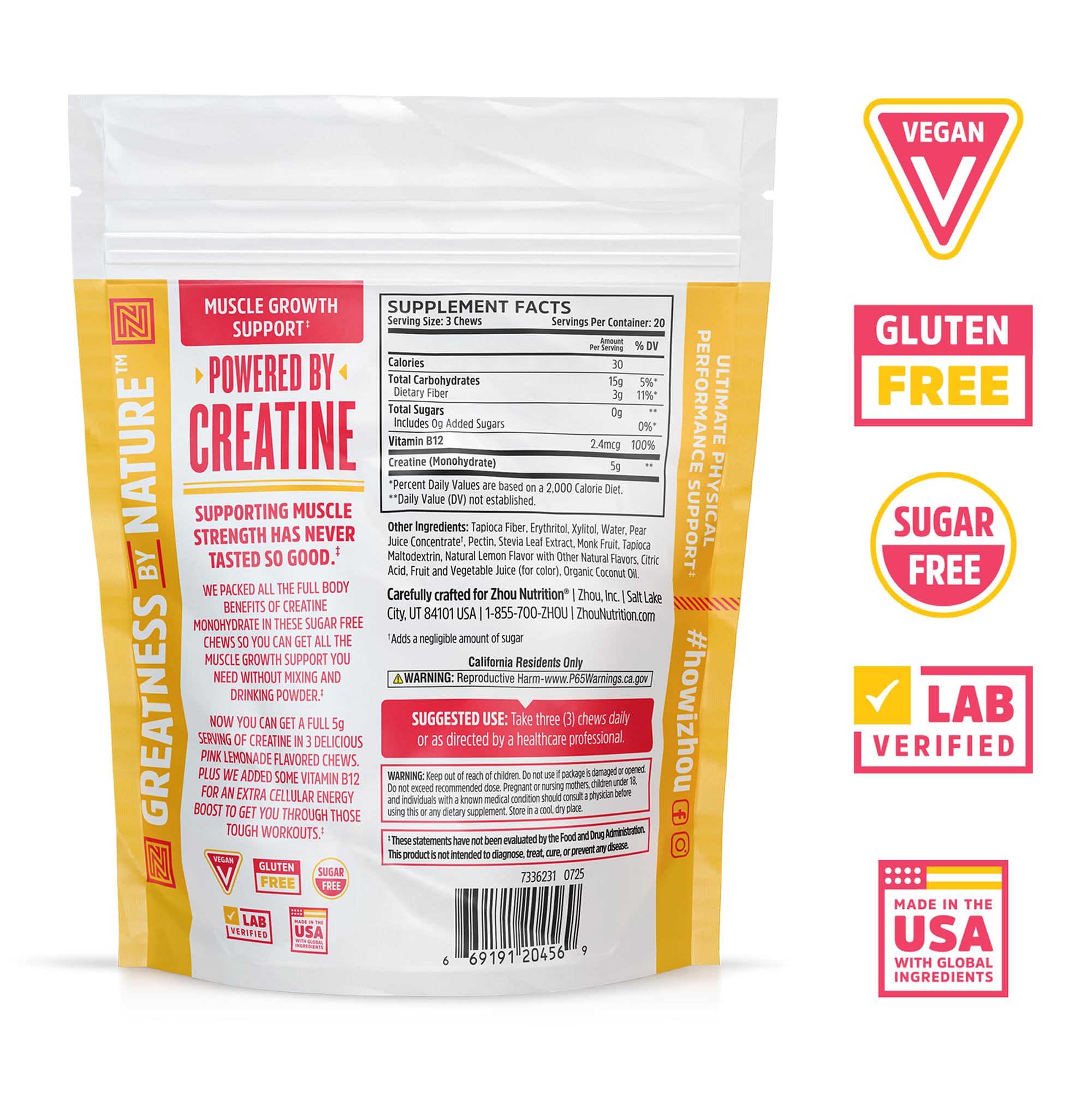 ZHOU gomitas de creatina, sabor limón rosa, aporta energía para sesiones de entrenamiento