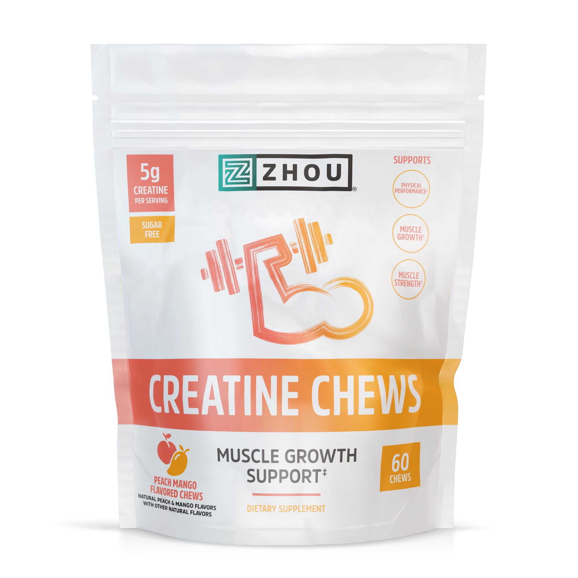 ZHOU Creatine Chews envase visible para soporte de fuerza diario.